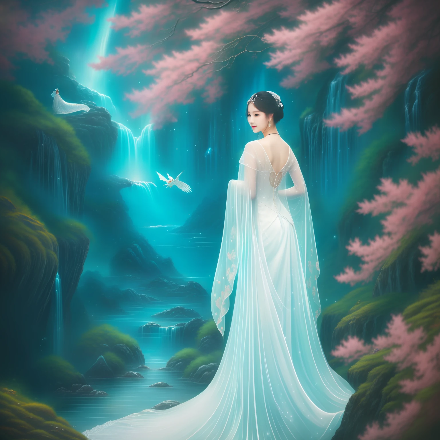 In a captivating image, an elegant woman clad in a white Chinese gown glides through the sky atop a mythical Chinese dragon. As they traverse the heavens, her flowing gown and the dragon's iridescent scales create a mesmerizing vision of harmony and otherworldly beauty.
hdr, (photorealism, masterpiece quality, best quality), , pureerosface_v1,ulzzang-6500-v1.1,