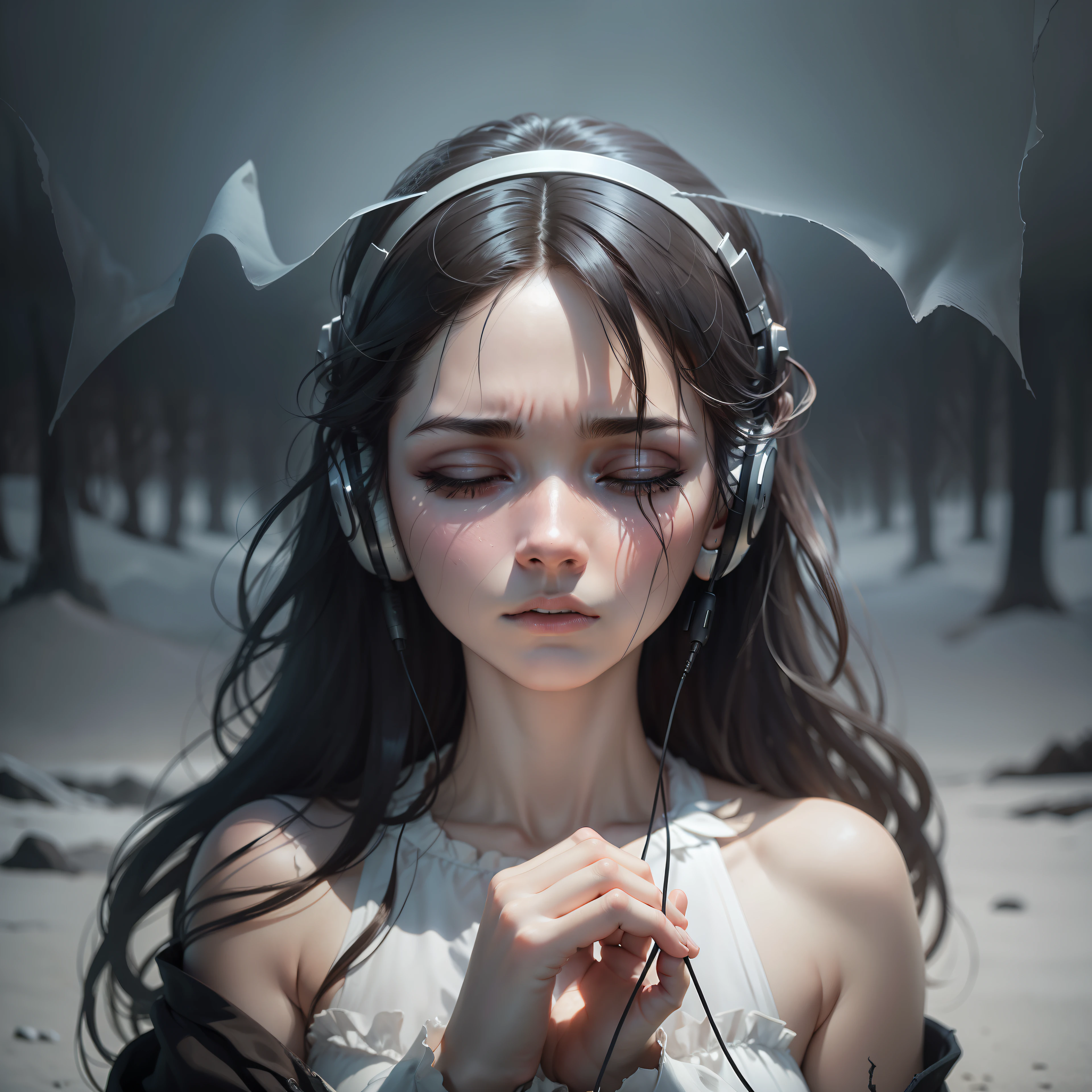 This haunting landscape is encapsulated within a chilling thumbnail, featuring a solitary woman seated on a desolate hill. The ominous aura surrounding her is palpable, evoking a sense of unease and melancholy. She wears a pair of headphones over her ears, her face obscured by shadows, making it difficult to discern her emotions fully. The thumbnail's landscape, though reduced in size, remains powerful, depicting a desolate environment with a dark and eerie ambiance. Despite the haunting scene, the thumbnail is set against a clean, white background, which enhances the visual focus on the woman and her emotions.

The eerie scene conveys a feeling of abandonment and isolation, emphasizing the woman's profound sadness as she listens to hauntingly sad music. The contrast between the haunting landscape and the white backdrop creates a striking visual effect, intensifying the emotional impact of the thumbnail.

Despite its reduced format, the thumbnail conveys a strong emotional impact. The woman's closed eyes and subtle frown hint at her internal struggles, while the music playing through her headphones intensifies the unsettling ambiance. The muted colors of the landscape against the white background add to the haunting atmosphere, casting a spell of sorrow upon the viewer.

This chilling visual portrayal encapsulates a moment of emotional vulnerability and captivates the audience with its raw intensity, making it a compelling and thought-provoking image in thumbnail size. The white background adds a touch of simplicity and focus to the overall composition, drawing attention to the central elements of the scene and making it visually impactful.