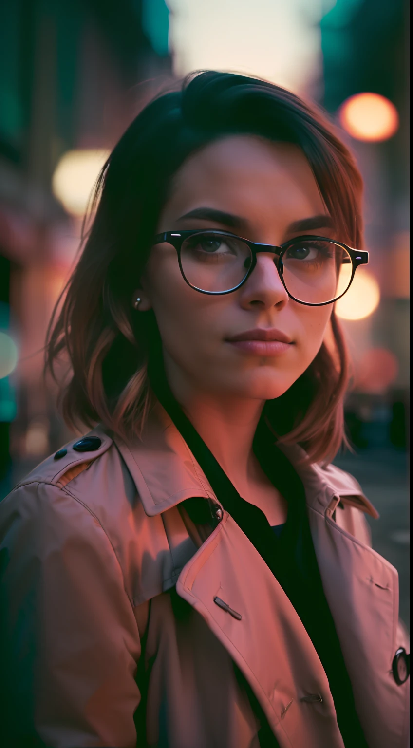(
(Character: one french woman, slim body, slim waist, pink shaved sides haircut)
(Clothing: pink trench coat, black shirt, glasses)
(Posing against a city street at night)
(Abstract colors, texture, film grain, analog style, cinematic movie still frame)
(Skin pores, dusty atmospheric haze, vignetting, wrinkles:0.2, intricate hasselblad dslr RAW dramatic portrait photo, eye contact, nofilter selfie, (backlit)1.2, (film grain)1.2)
)