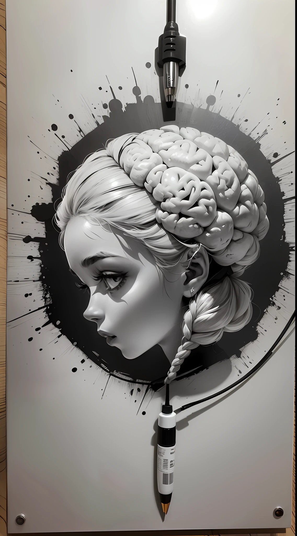 (desenho) (pen) (2D) (preto e branco) brain hanging by cables, pintando um quadro, pintura naturalista, cavalete, Brushes, tinta (cabos, fios, cordas) fundo simples, aspecto simples, desenhado --auto