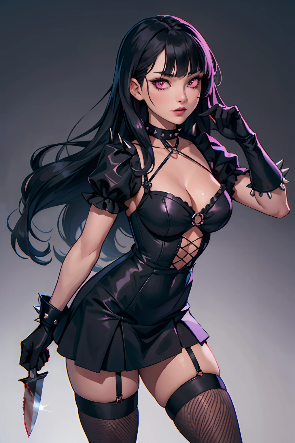 Pyscho Girl long black hair with bangs pink eyes gothic knife blood black gloves short black ruffled dress spikes chokers spike fishnet stockings