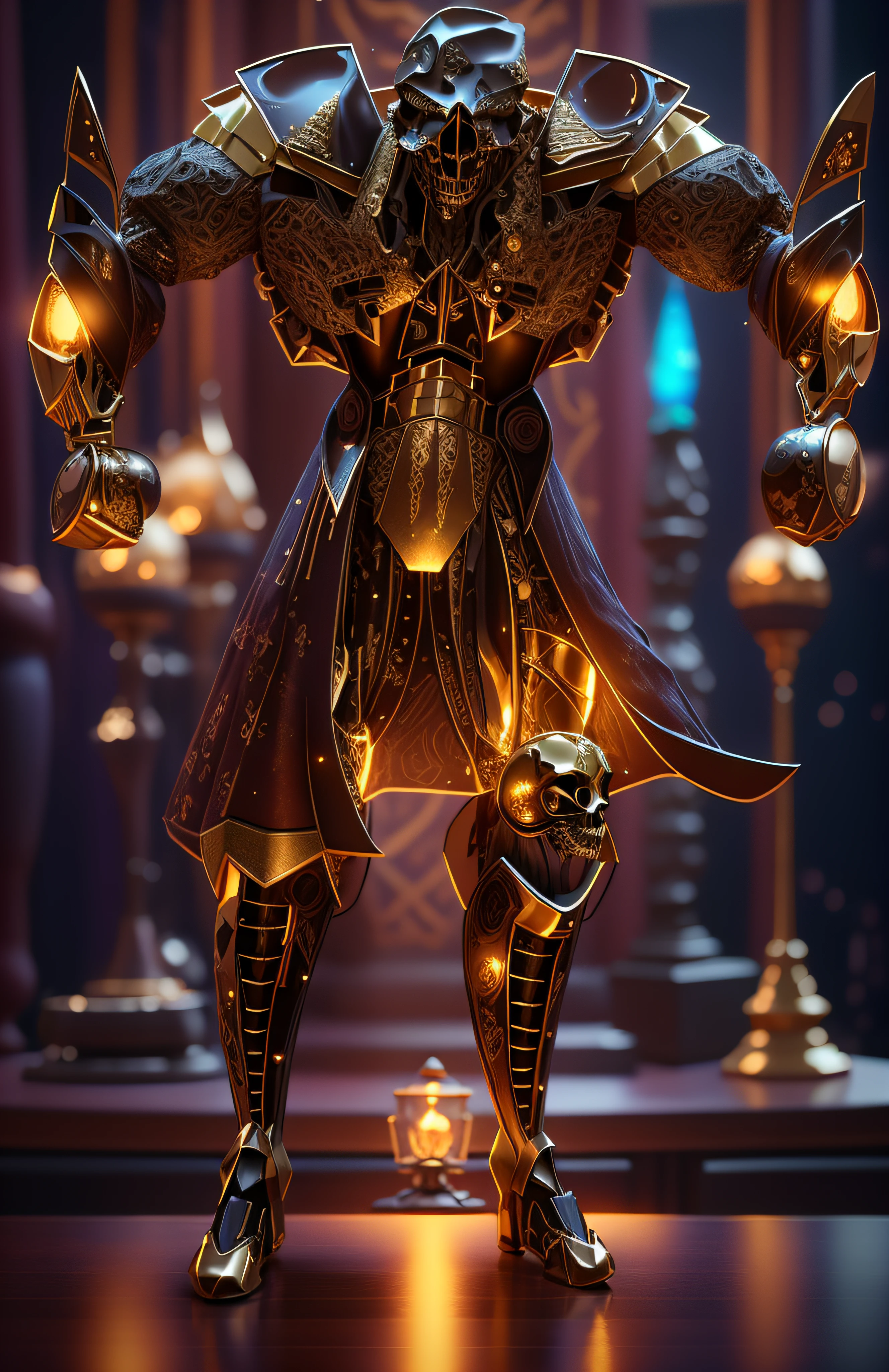 The sinister depiction of a skull-themed pirta, alaranjado luminoso e bege com dourado, pele feita de neon amarelo, 3D-rendering, Hyper-realistic graphics, 3D-rendering, 8k, NVIDIA, RTX 4090 | | | | | | | | | | | | | | | | |, ray tracing, Bokeh, Galaxy scenery,