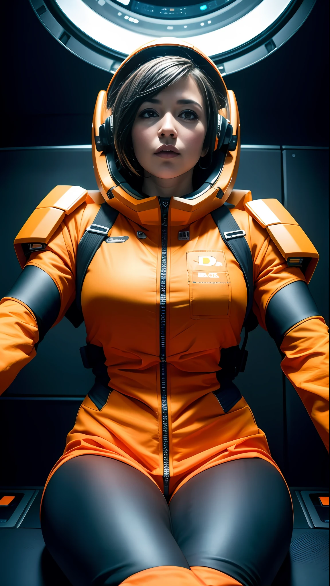 a woman in an orange space suit, orange shorts, open zipper, black joystick in front, helmet standing, dj panel mix, sitting sad in spaceship, dramatic sci-fi movie still, in a scifi movie, in a spaceship cockpit, sci-fi dj mix still, 4 k movie still, 4k movie still, 8 k movie still, in recording studio, in a spaceship, sci - fi film still erotic, voluptuous, sensual, lascivious, lewd, alluring, arousing, submissive, dominant, fearful, melacholy, sexual, sexy, romantic, BDSM, moody and melanchonic atmosphere nikon d 8 5 0 film stock photograph 4 kodak portra 400 camera f 1 6 lens rich colors hyper realistic lifelike, color baloons