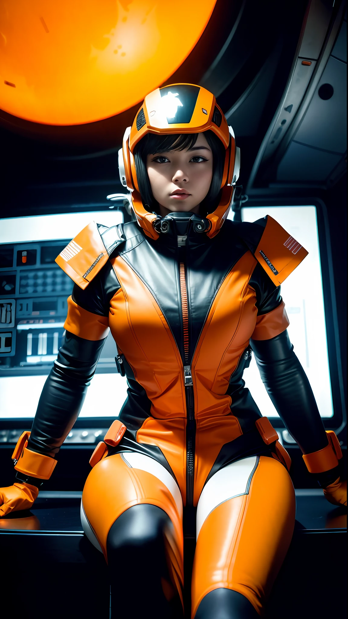 a woman in an orange space suit, orange shorts, open zipper, black joystick in front, helmet standing, dj panel mix, sitting sad in spaceship, dramatic sci-fi movie still, in a scifi movie, in a spaceship cockpit, sci-fi dj mix still, 4 k movie still, 4k movie still, 8 k movie still, in recording studio, in a spaceship, sci - fi film still erotic, voluptuous, sensual, lascivious, lewd, alluring, arousing, submissive, dominant, fearful, melacholy, sexual, sexy, romantic, BDSM, moody and melanchonic atmosphere nikon d 8 5 0 film stock photograph 4 kodak portra 400 camera f 1 6 lens rich colors hyper realistic lifelike, color baloons