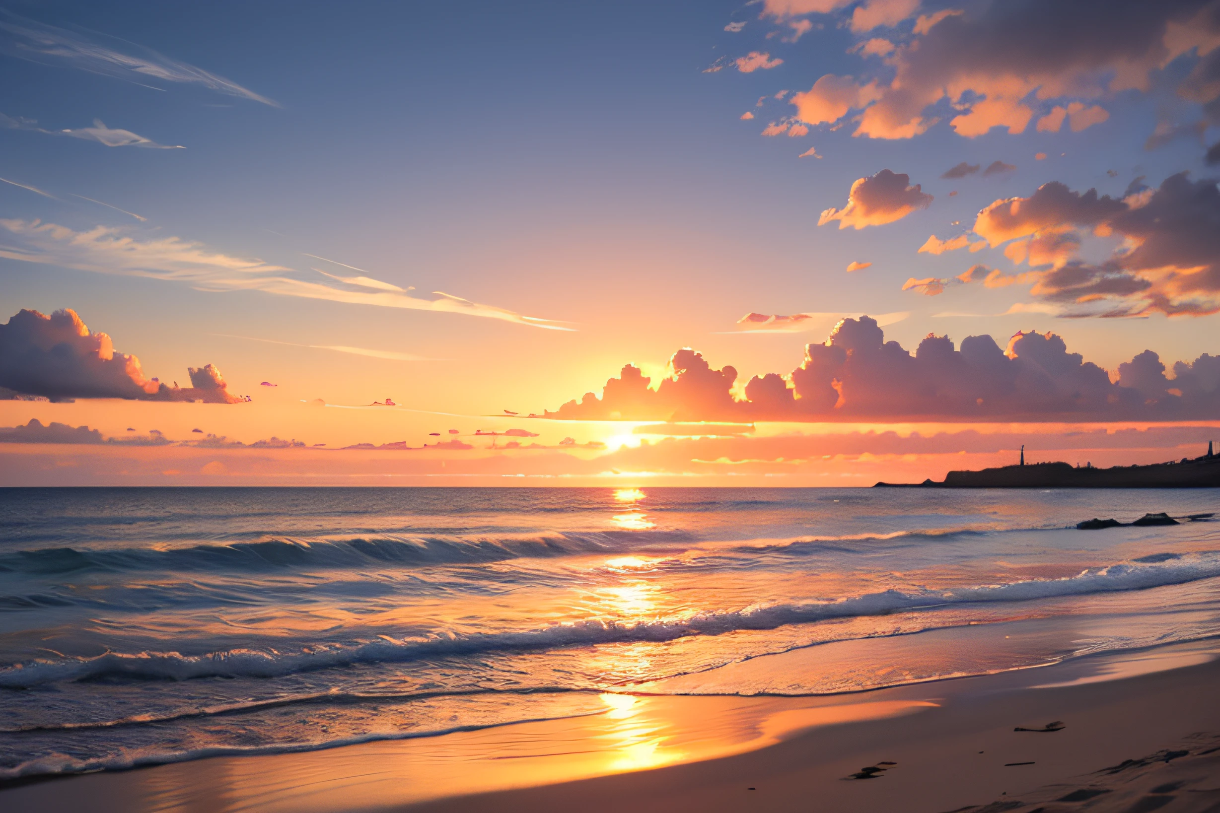 absurdres, highres, ultra detailed,no human,no female
BREAK
View of the beach near the sea,, sunset light, orange hue