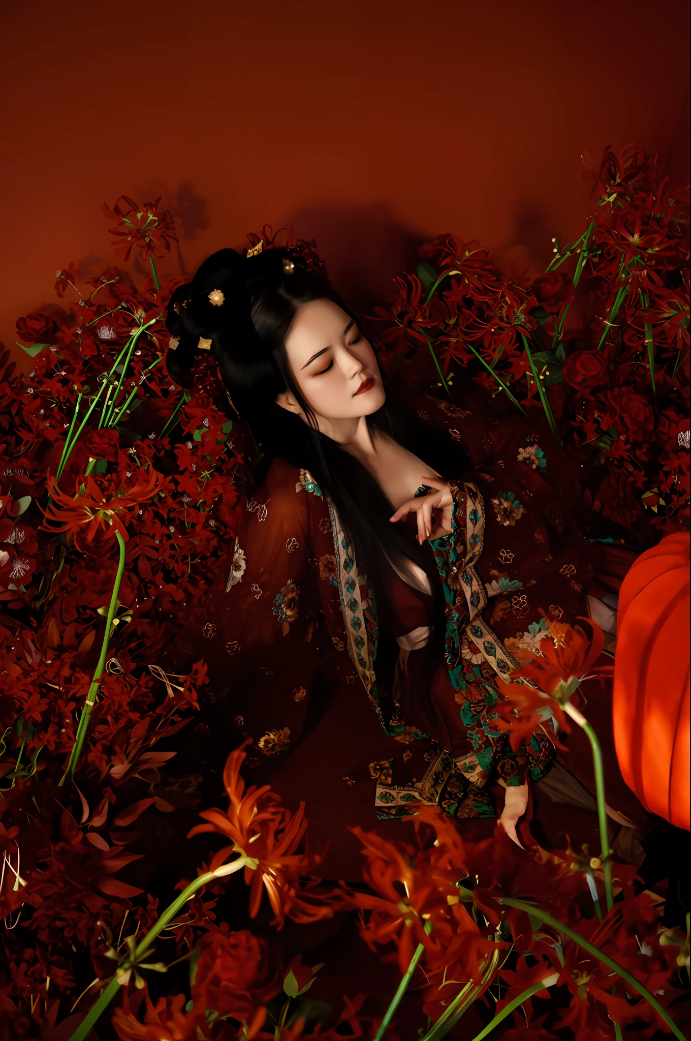 There was a woman lying on a flower bed,autumnal empress, the goddess of autumn harvest, Palace , A girl in Hanfu, goddess of autumn, Hanfu, Zhang Jingna, inspired by Chen Yifei, chinese empress, shaxi, lovely dark autumn princess, inspired by Ju Lian, China Princess, Chinese fantasy, Inspired by Qiu Ying's flowers