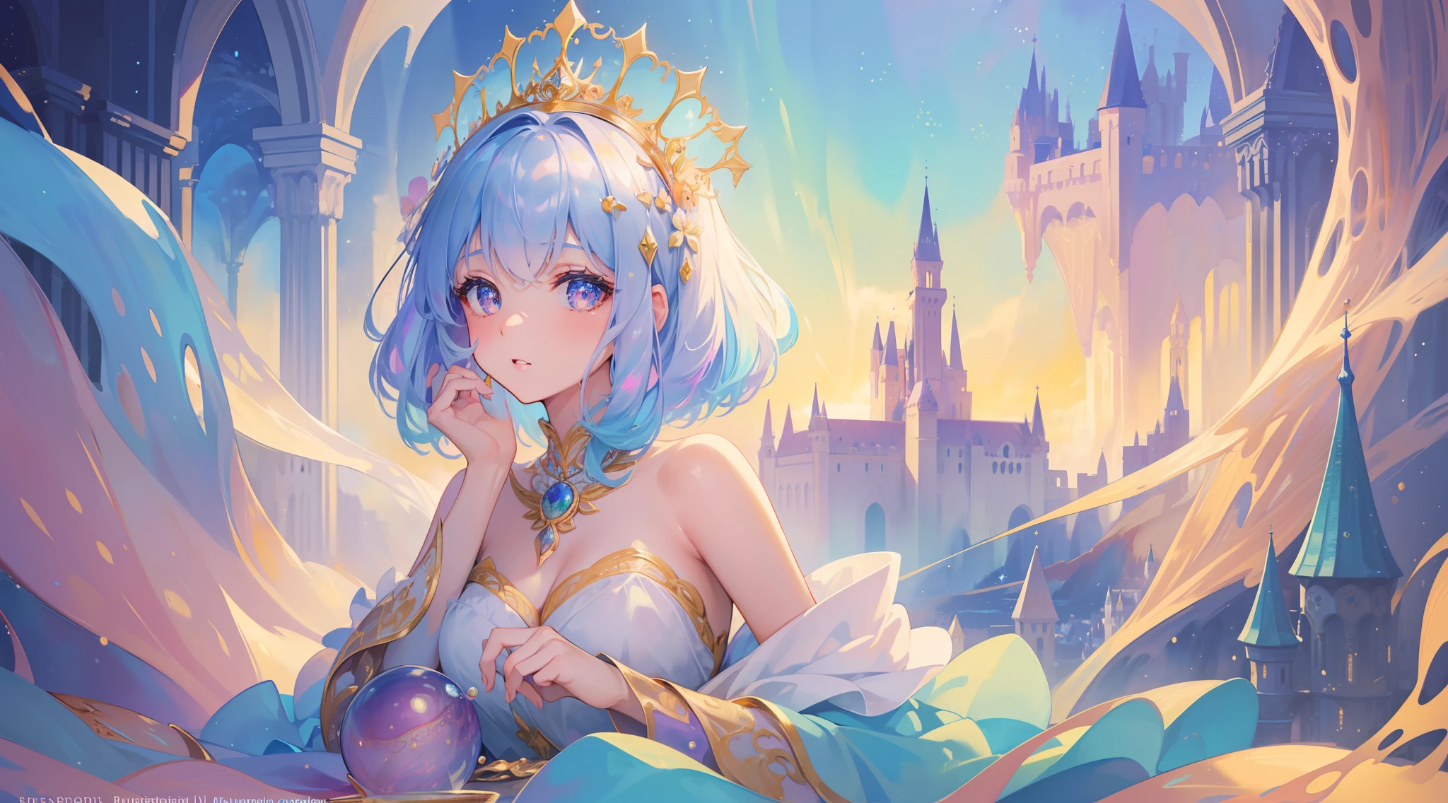 masterpiece, best quality, 8k resolution, sharp focus, intricate detail, beautiful girl, sparkling eyes, golden ratio face, otherworldly liquid, watercolor, ((pastel colors)), bright colors, whimsical, colorful, sharp focus, high resolution, fine detail, princess fantasy ballgown, ((round eyes)), iridescent bubbles, castle landscape in background