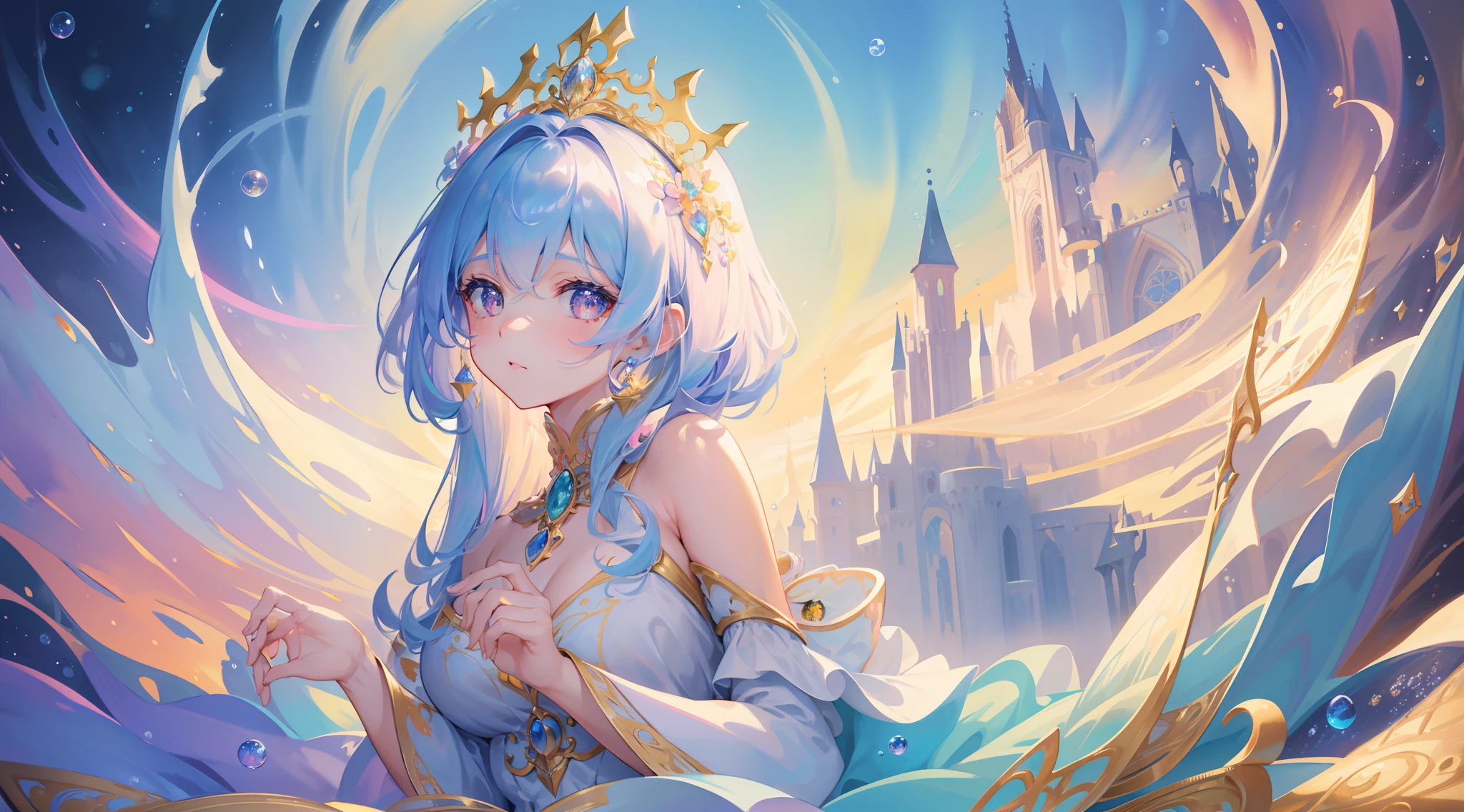 masterpiece, best quality, 8k resolution, sharp focus, intricate detail, beautiful girl, sparkling eyes, golden ratio face, otherworldly liquid, watercolor, ((pastel colors)), bright colors, whimsical, colorful, sharp focus, high resolution, fine detail, princess fantasy ballgown, ((round eyes)), iridescent bubbles, castle landscape in background