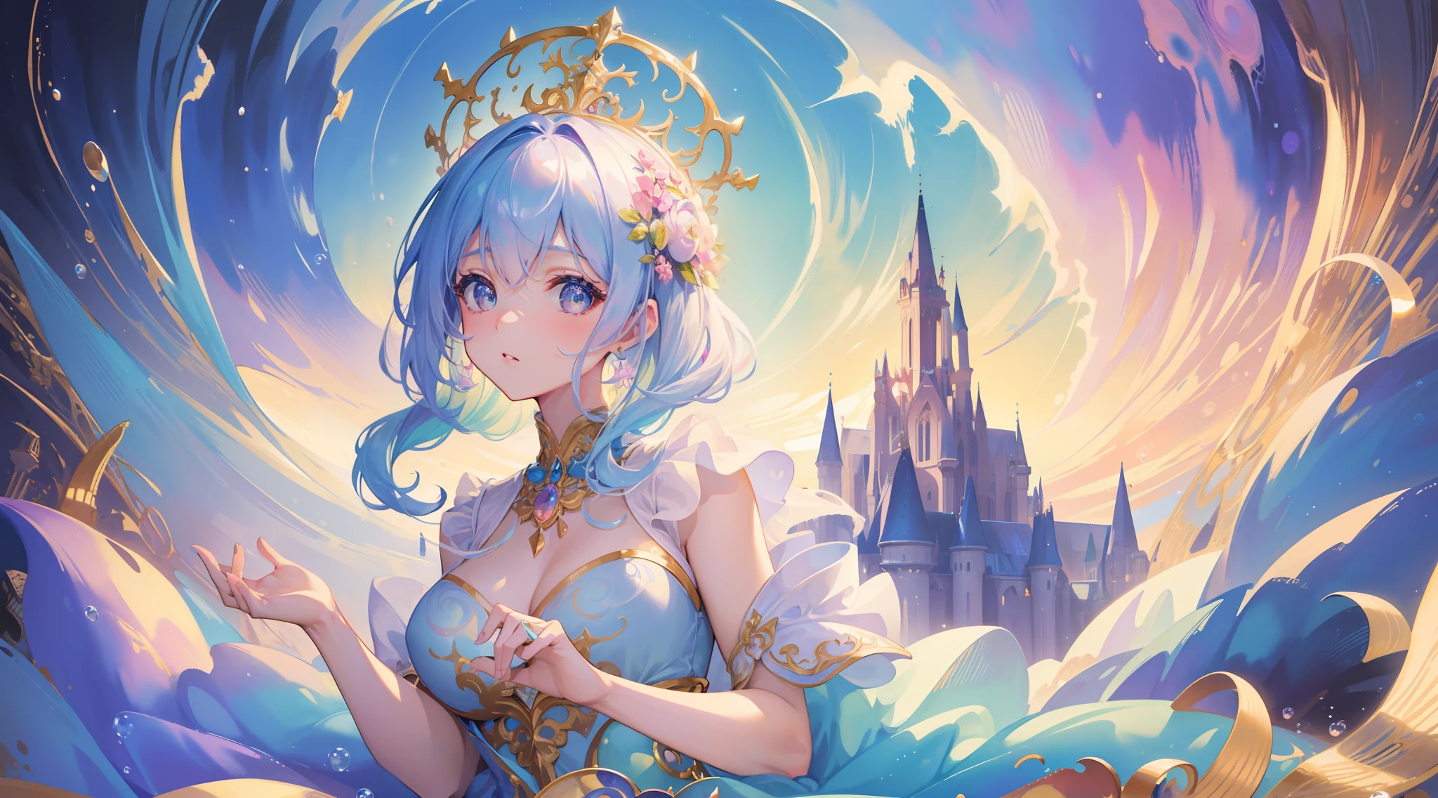 masterpiece, best quality, 8k resolution, sharp focus, intricate detail, beautiful girl, sparkling eyes, golden ratio face, otherworldly liquid, watercolor, ((pastel colors)), bright colors, whimsical, colorful, sharp focus, high resolution, fine detail, princess fantasy ballgown, ((round eyes)), iridescent bubbles, castle landscape in background
