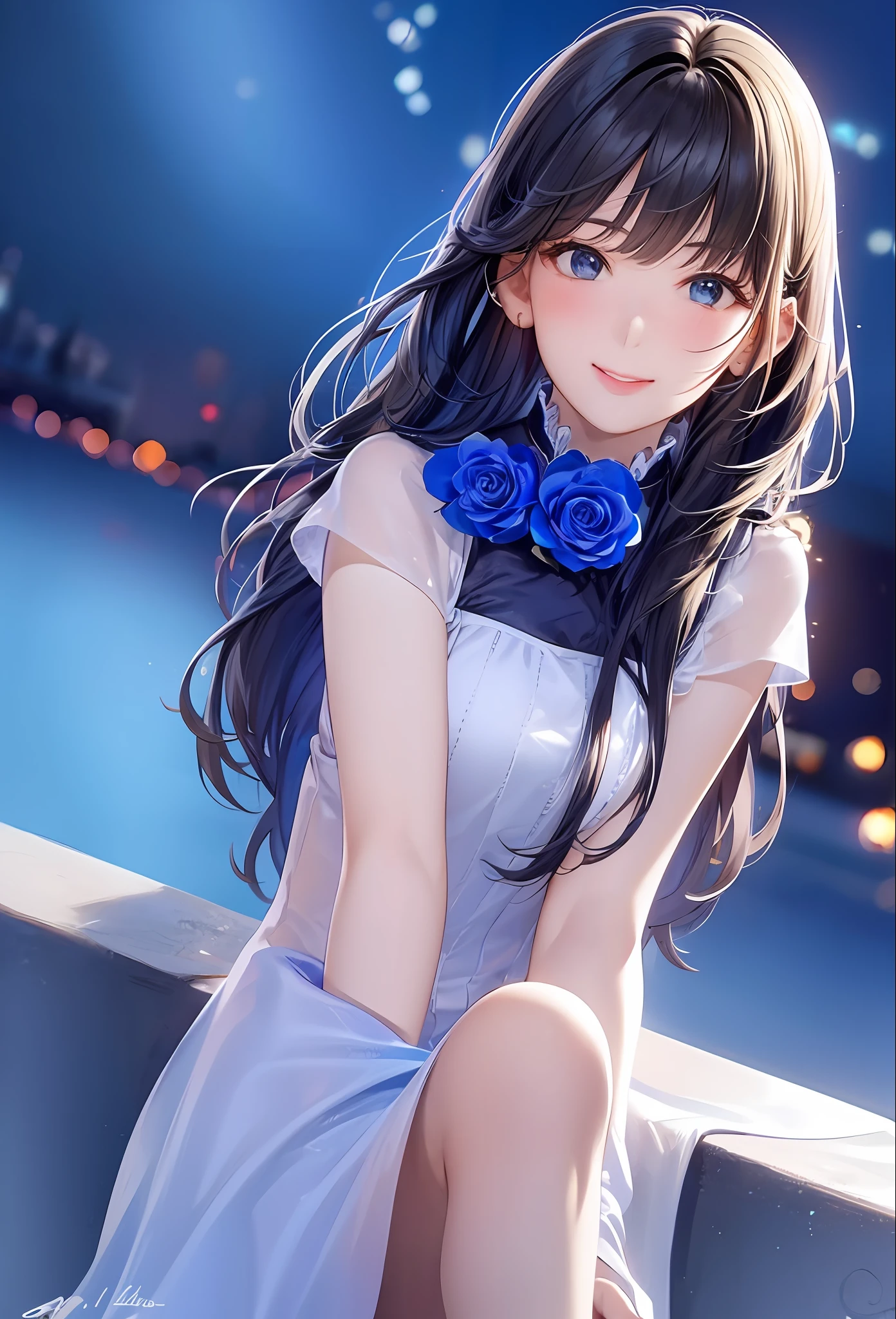 (8k, top quality, masterpiece: 1.2), (realistic, photorealistic: 1.37), super detailed, girl alone, cute, solo, midnight, beautiful detailed sky, detailed café, sitting, dating, (blush), (smile: 1.15), small breasts (mouth closed), beautiful fine eyes, floating hair NovaFrogStyle, back open dress, blue rose accessories, Blue rose background