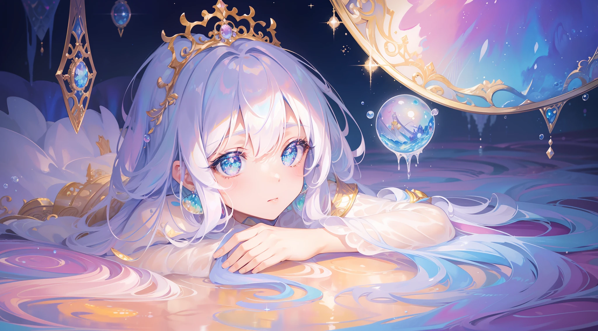 masterpiece, best quality, 8k resolution, sharp focus, intricate detail, beautiful girl, sparkling eyes, golden ratio face, otherworldly liquid, watercolor, ((pastel colors)), bright colors, whimsical, colorful, sharp focus, high resolution, fine detail, princess fantasy ballgown, ((round eyes)), iridescent bubbles, castle landscape in background