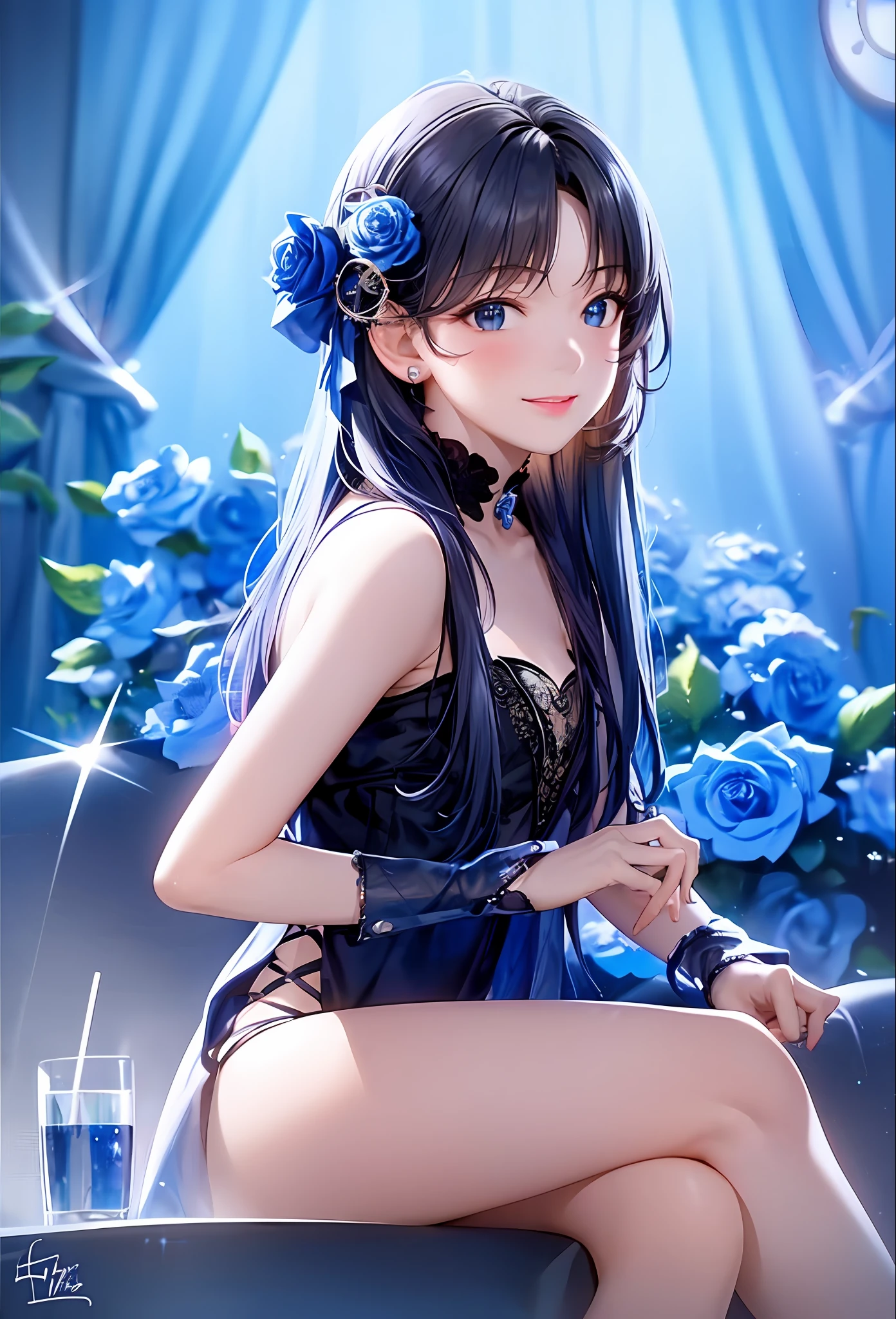 (8k, top quality, masterpiece: 1.2), (realistic, photorealistic: 1.37), super detailed, girl alone, cute, solo, midnight, beautiful detailed sky, detailed café, sitting, dating, (blush), (smile: 1.15), small breasts (mouth closed), beautiful fine eyes, floating hair NovaFrogStyle, back open dress, blue rose accessories, Blue rose background