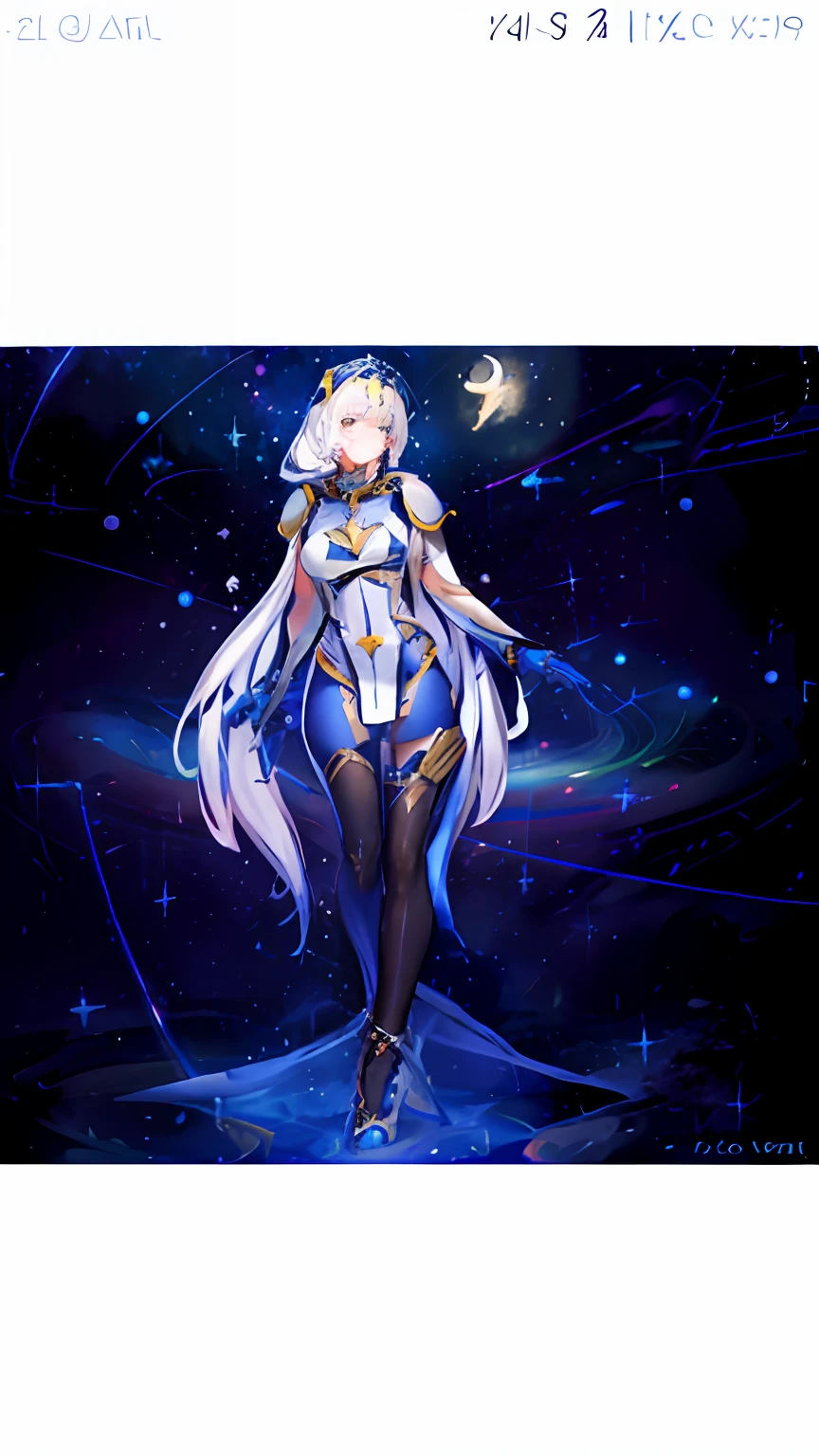 A closeup of a woman in a costume standing in a field of stars, lunar themed attire, Deusa ciborgue no cosmos, Mago Celestial Lindo, knights of zodiac girl, goddess of galaxies, goddess of space and time, Deusa Celestial, Star Guardian Inspirado, fada astral, galactic sized goddess, Feiticeira do Gelo, deusa lunar, Vencedor do concurso Pixiv, full body commission for