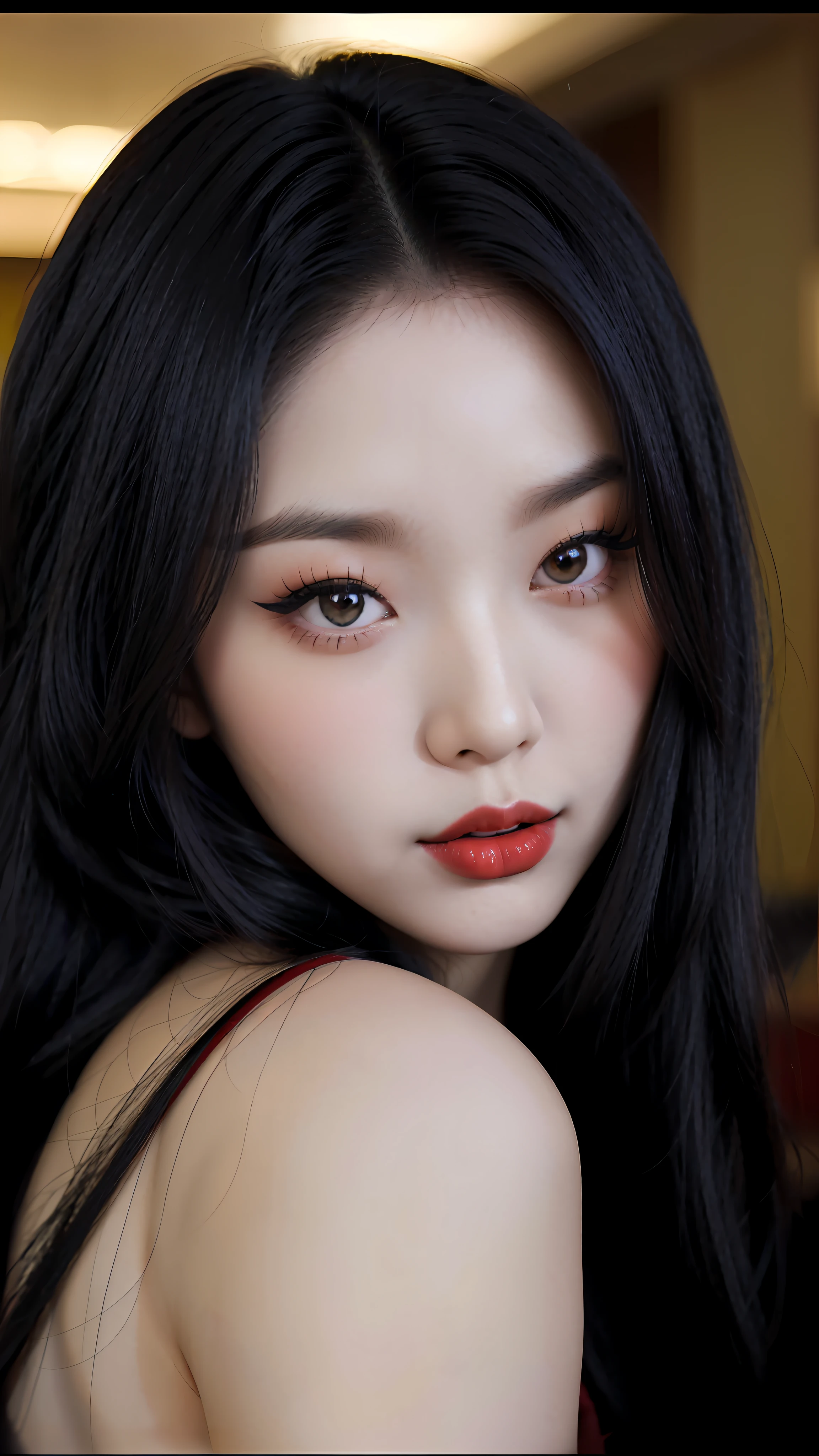 a close up of a woman with long black hair and a red lipstick, Popular Korean makeup, Popular Korean makeup, beautiful Korean women, Gorgeous young Korean woman, wan adorable korean face, Korean girl, Korean face features, young lovely Korean faces, Beautiful young Korean woman, sensual face，Full of makeup, Korean symmetrical face, Korean woman, 8k selfie photograph