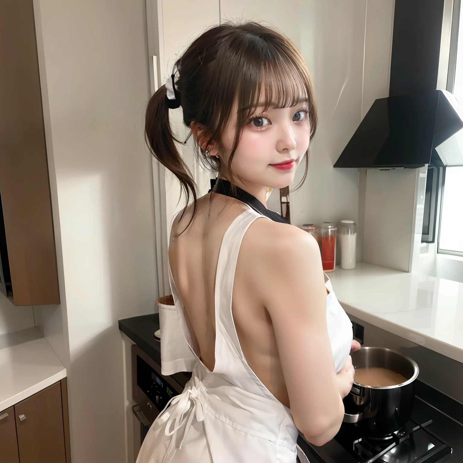 Back view of cooking naked in apron in kitchen、Turning around and looking sexily at the camera、Her H-cup bust is visible from the side、Has blonde hair in a ponytail、20-year-old Japan beauty