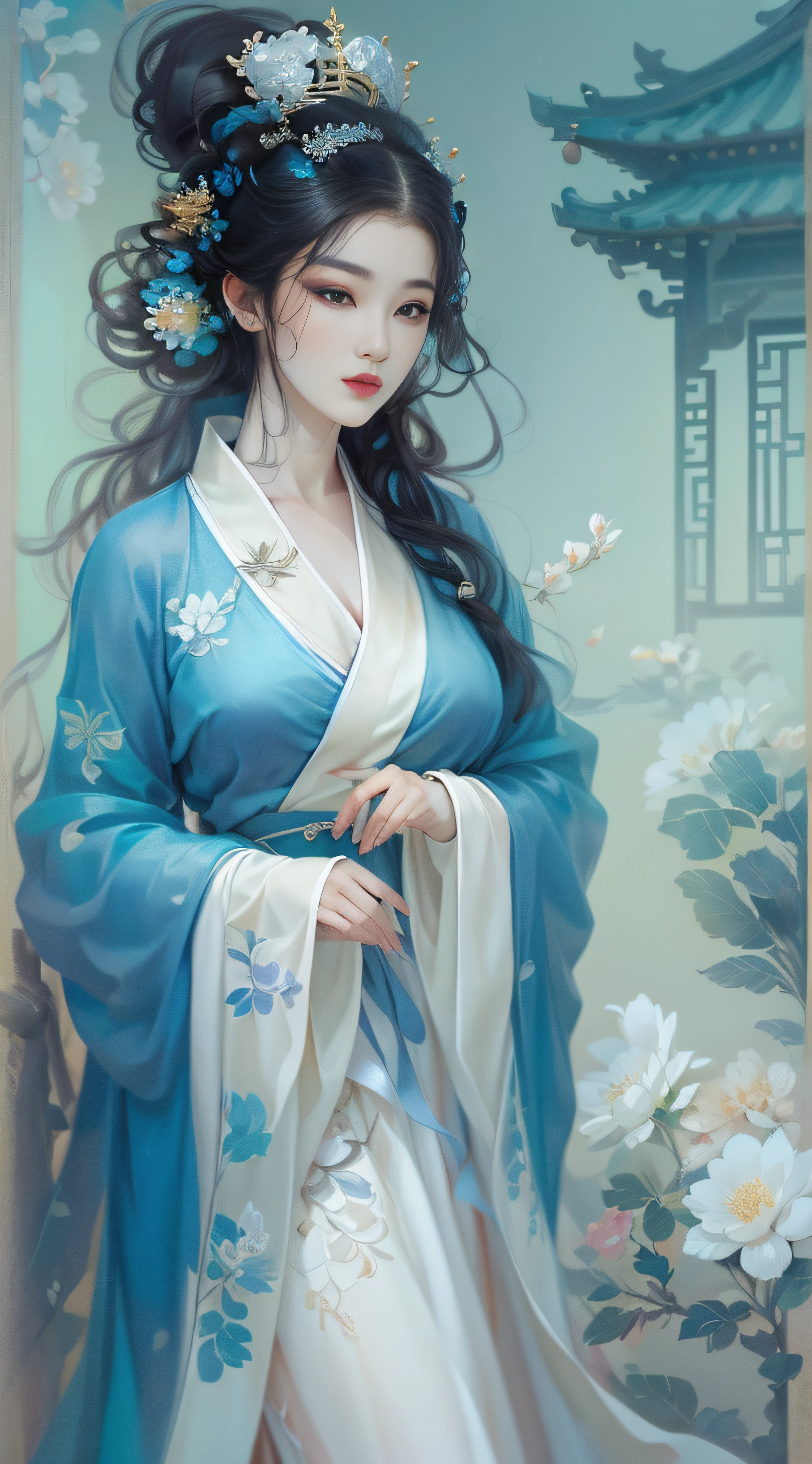 Longing woman posing for photo in blue and white dress, beautiful and seductive anime woman, a beautiful fantasy empress, Inspired by Fenghua Zhong, Beautiful character painting, author：Qiu Ying, sensual painting, By Leng Mei, by Yang J, pinup art, Art germ. anime illustration, inspired by Chen Yifei, author：Chen Lin