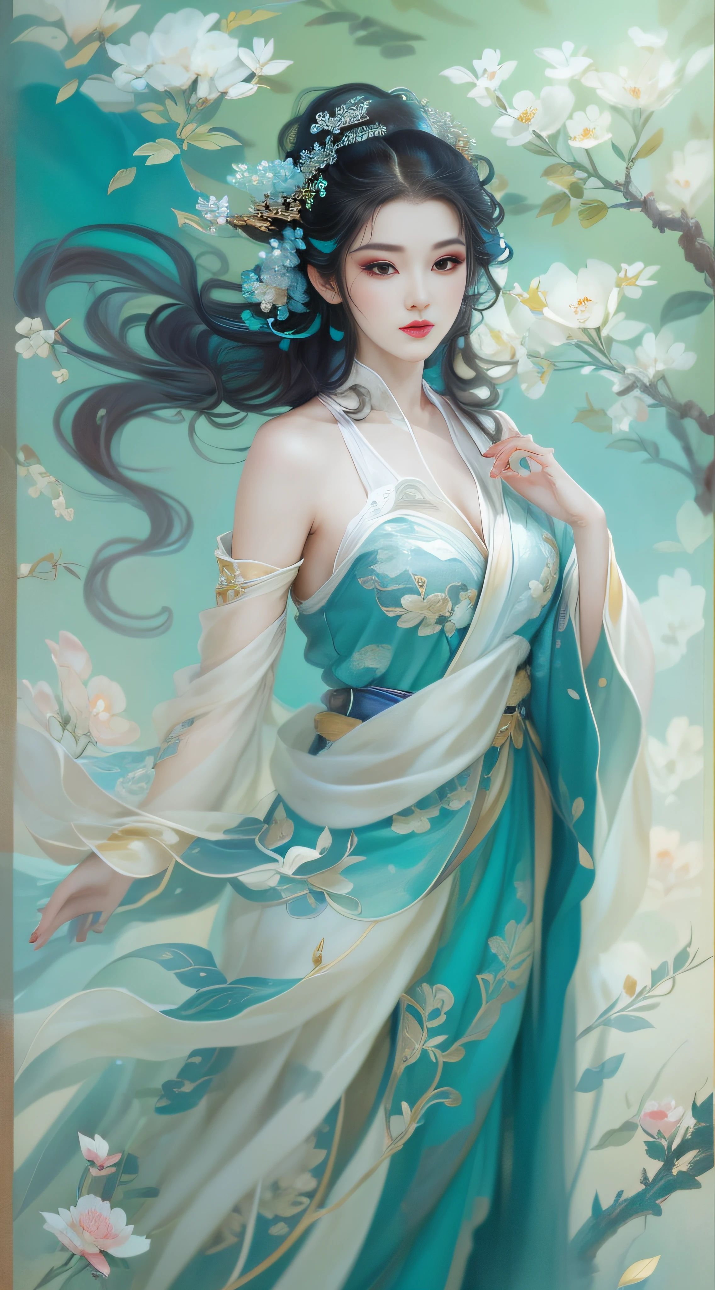 Longing woman posing for photo in blue and white dress, beautiful and seductive anime woman, a beautiful fantasy empress, Inspired by Fenghua Zhong, Beautiful character painting, author:Qiu Ying, sensual painting, By Leng Mei, by Yang J, pinup art, Art germ. anime illustration, inspired by Chen Yifei, author:Chen Lin