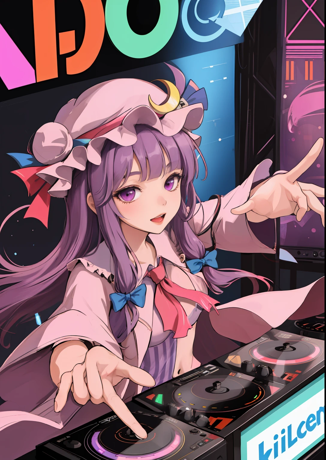 "A solo shot featuring patchouli_knowledge crescent hat ornament a DJ, showcasing her skills on the turntables at a vibrant rave."