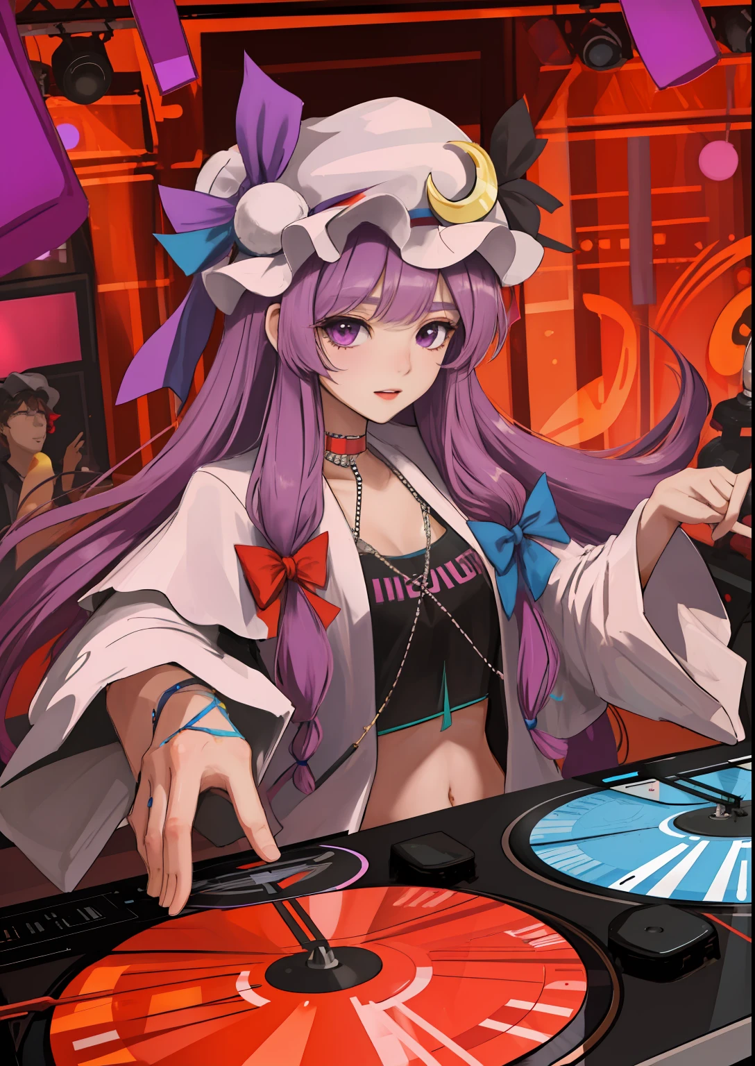 "A solo shot featuring patchouli_knowledge crescent hat ornament a DJ, showcasing her skills on the turntables at a vibrant rave."