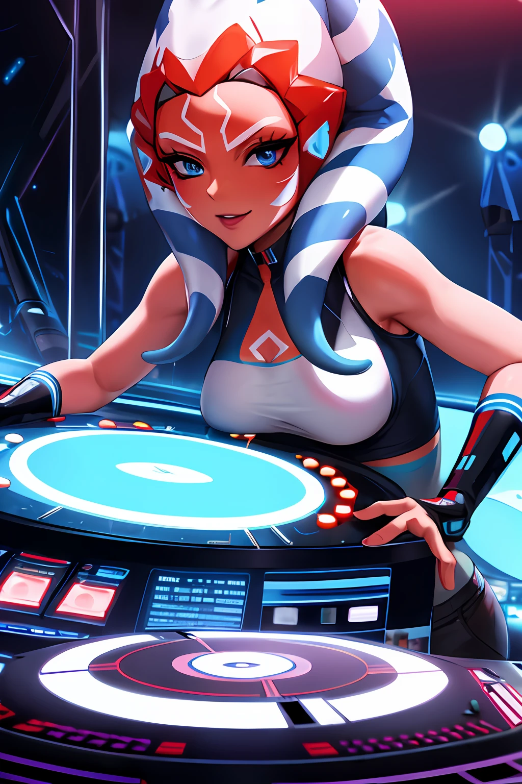 "A solo shot featuring 1girl, blue eyes, orange skin, tentacle hair a DJ, showcasing her skills on the turntables at a vibrant rave."