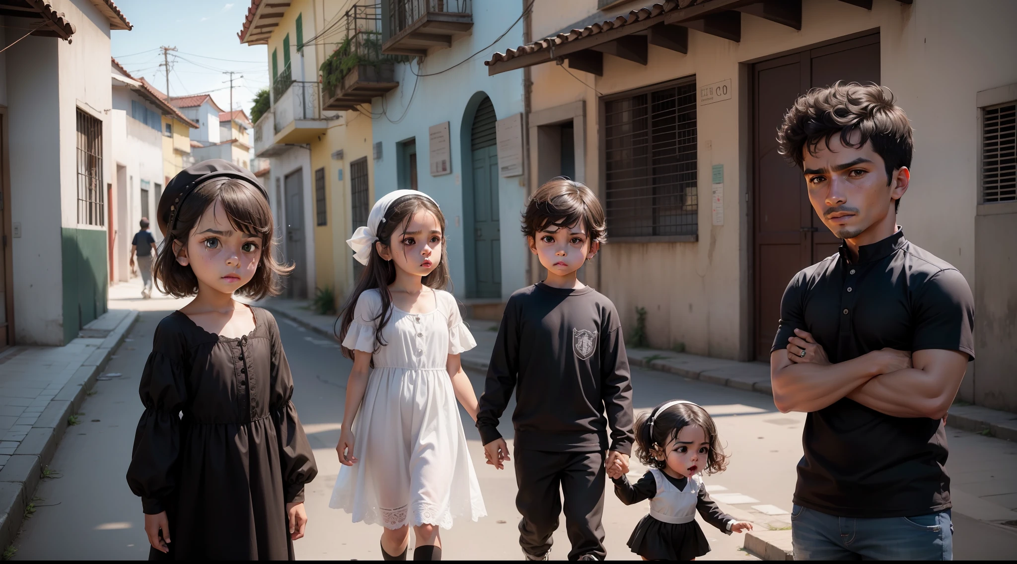 pedro, nina, sofia e lucas, triste, Cidade em preto e branco, animado, Children's version