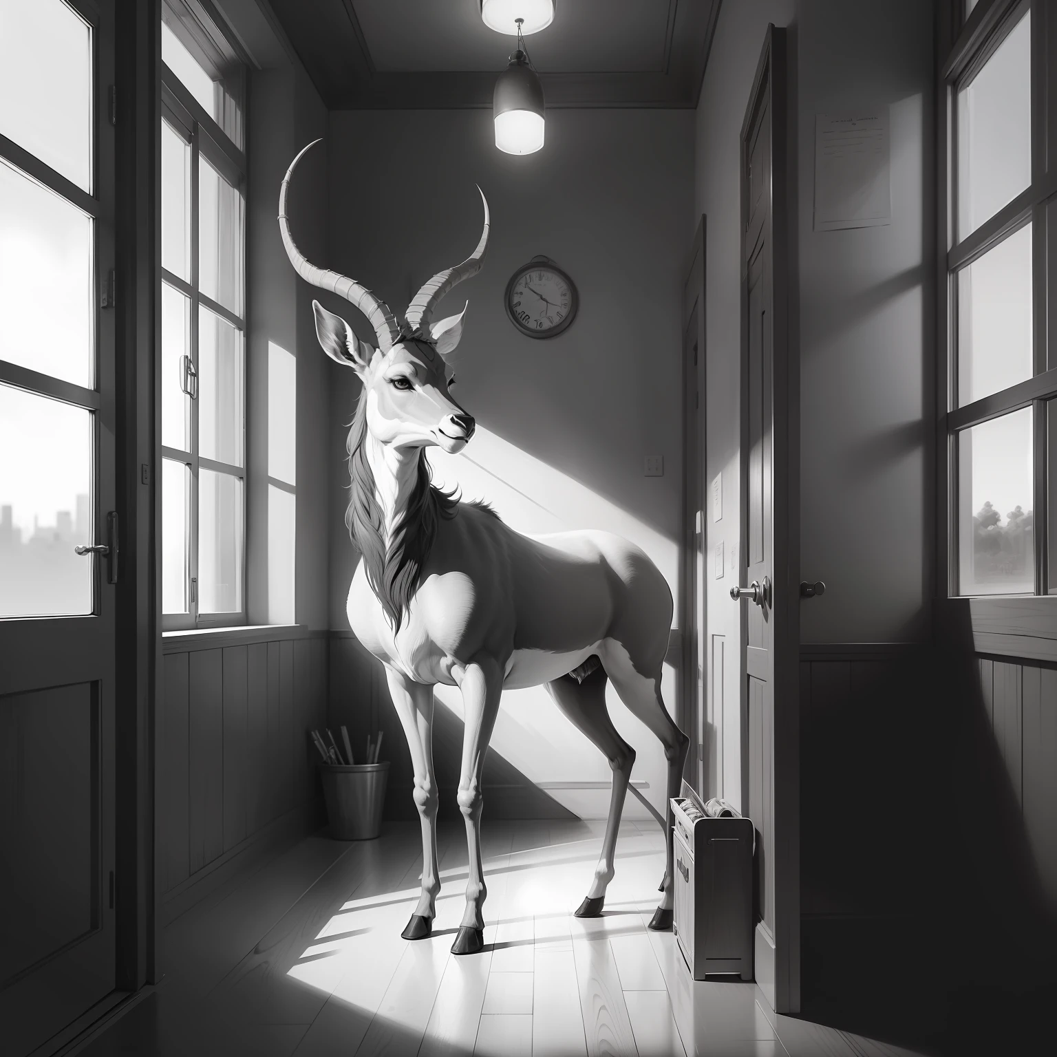 old gazelle, antelope, in the hospital, high resolution, fantasy drawing, pencil strokes, black and white