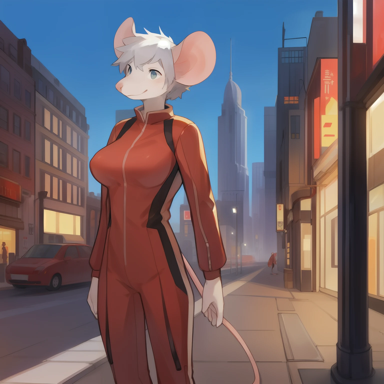 By bebebebebe, solo, standing, city street, slim, small, weak, pathetic, smiling, ((hair)), small waist, ((snout)), (mouse), female, medium big breasts, mouse, red military spacesuit