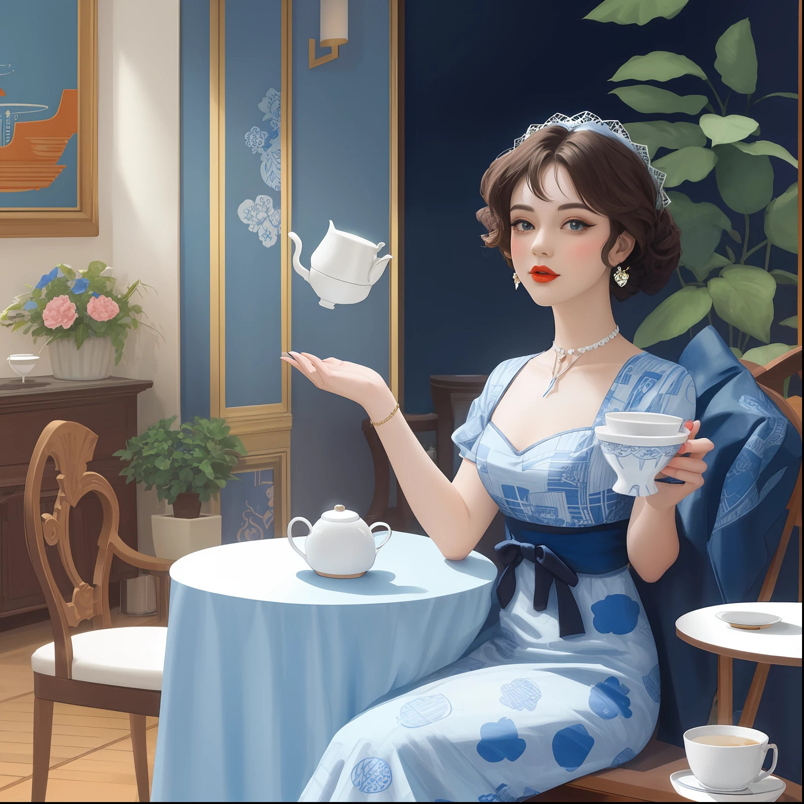 The humanoid cat juggles cups, porcelain cups, blue pattern on cups, a masterpiece, art by Al Hirschfeld