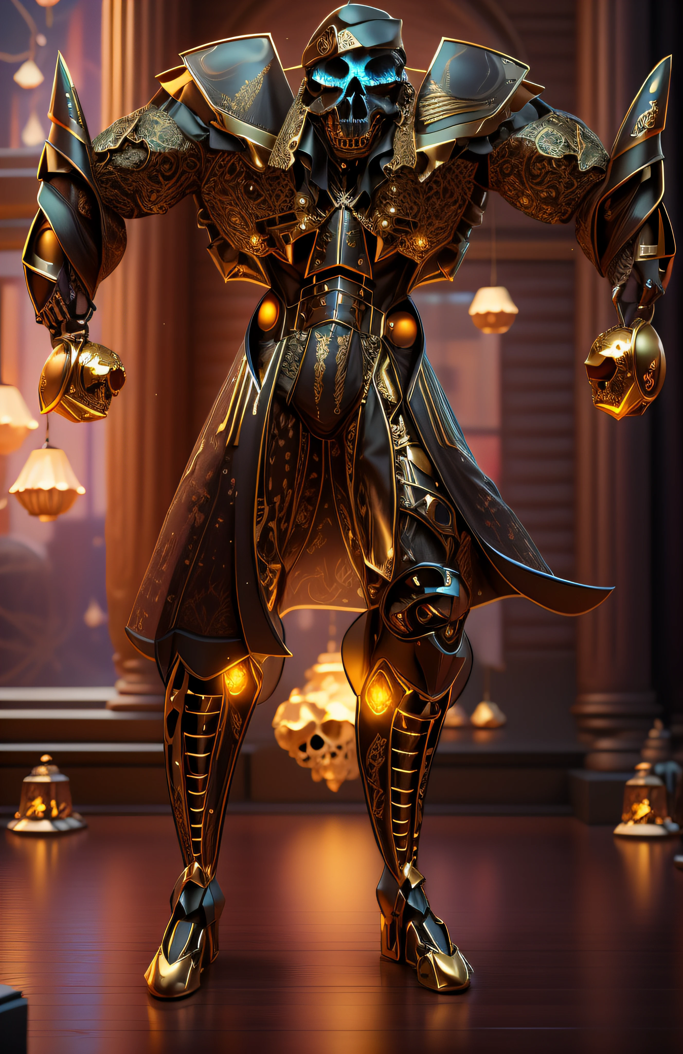 The sinister depiction of a skull-themed pirta, pearl color: black and beige with gold and diamonds and emeralds and rubies, pele feita de neon amarelo, 3D-rendering, Hyper-realistic graphics, 3D-rendering, 8k, NVIDIA, RTX 4090 | | | | | | | | | | | | | | | |, ray tracing, Bokeh, Galaxy scenery,