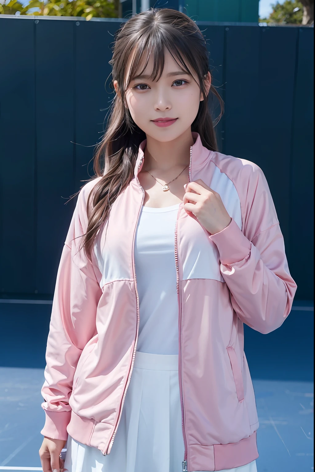 (((long))), top-quality, 8K, nffsw, Hi-Res, absurderes:1.2, a picture, (Raw photography:1.2), (Photorealsitic:1.4), (​masterpiece:1.3), (intricate detailes:1.2), 1girl in, 独奏, a japanese girl, Delicate and beautiful details, (A detailed eye), (detailed facial features), 小柄, (((tiny ?????))), tonned skin, (up looking_で_viewer), from a_front, (skiny), (top-quality:1.4), (超A high resolution:1.2), cinematric light, (Extreme detailed illustration), (lipgloss、top-quality、超A high resolution、depth of fields、Caustics、Broadlighting、Natural Shading、85 mm、F / 1.4、ISO 200、1 / 160 seconds:0.75)、1girl in、独奏、((Pink Tennis Wear)))A smile、Tennis Wear、a necklace、fashionable cafe:1.3、Tennis Wear、乃木坂アイドル、hposing Gravure Idol、Beautie、tennis coat