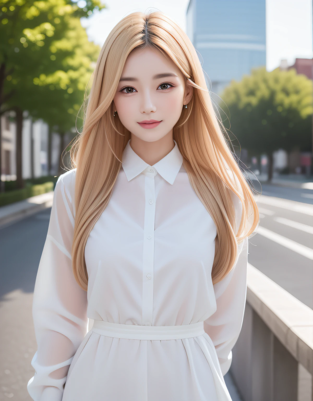 best quality, white skin, real human skin, (detailed fac), oval face, pores, ultra high res, (8k, RAW photo, photorealistic:1.4), 1girl, slim, (looking at viewer with a serene and goddess-like happiness:1.2), ( lipgloss, eyelashes, gloss-face, best quality, ultra highres, Broad lighting, natural shading), oversized jacket, fashion shirt,  cityscape,