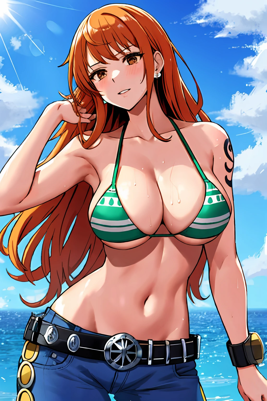 detailed background, masterpiece, 4k, epic, best quality, late youth, adult, wrestler body, 1girl, active, energic, uppercut, (large mouth) , solo, nami \(one piece\), 1girl, bangle, (very wet, drenched in sweat, sweat all over body, very wet hair, tired, open mouth, exhausted, shouting, sweaty face, sweaty body, sweating too much, shiny sweat, leaning, hands on hips, serious, glaring, open eyes, perfect detailed face, round face, sweaty face) bold drawing lines, muscular arms, detailed bold arm lines, flat jaw, adult woman, wavy wide streaked bangs, floating bang, (big cheeks), bare shoulders, off-shoulders, belt, bikini, bikini top only, blue sky, bracelet, springy breasts, breast lines, big round eyes, very big brown shiny eyes, bubbles, high eye position, cleavage, cloud, day, denim, earrings, floating hair, shiny hair, green belt, green bikini, bold groin lines, jeans, jewelry, medium breasts, log pose, long hair, looking at viewer, big navel, wet hair, orange hair, pants, shoulder tattoo, sidelocks, sky, solo, standing, stomach, swimsuit, tattoo , looking at viewer, open mouth, detailed left arm, big forehead, hourglass figure, small head, toned body, wide hair, wind effect, sun effect, under the sun, narrow small ears angle, older, random poses,