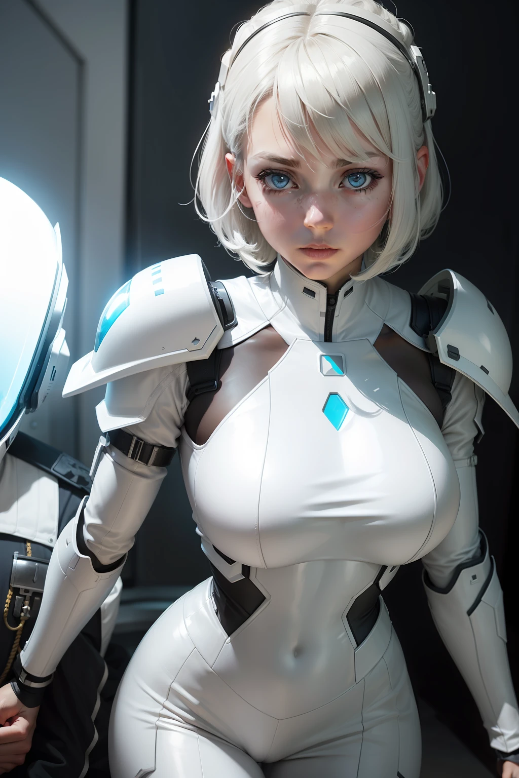 The girl takes the officer off the battlefield, The officer is torn off, one leg is torn off. Sci-fi futuristic costume, In futuristic white armor, a closeup of a, with futuristic equipment and helmet, , Sleek, streamlined white armor