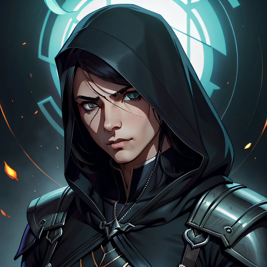 Handsome male assassin wearing demon hunter clothes, androgynous, (retrato detalhado), cell-shaded, 4 mil, cores vivas, arte conceitual fotorrealista de wlop, Ilya Kuvshinov, Artgerm, Krenz Cushart, Greg Rutkowski, Pixiv. cinematic dramatic atmosphere, foco nítido, volumeric lighting, cinematic lighthing, studio quality, cabelos pretos, olhos pretos, Chifres Pequenos, olhos pretos