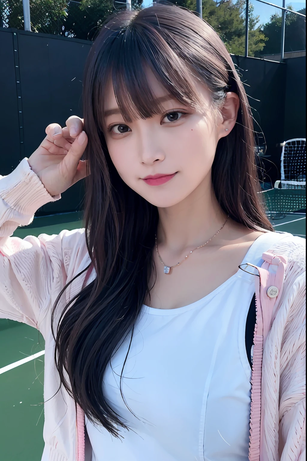 (((long))), top-quality, 8K, nffsw, Hi-Res, absurderes:1.2, a picture, (Raw photography:1.2), (Photorealsitic:1.4), (masterpiece:1.3), (intricate detailes:1.2), 1girl in, 独奏, a japanese girl, Delicate and beautiful details, (A detailed eye), (detailed facial features), 小柄, (((tiny chest))), tonned skin, (up looking_で_viewer), from a_front, (skiny), (top-quality:1.4), (超A high resolution:1.2), cinematric light, (Extreme detailed illustration), (lipgloss、top-quality、超A high resolution、depth of fields、Caustics、Broadlighting、Natural Shading、85 mm、F / 1.4、ISO 200、1 / 160 seconds:0.75)、1girl in、独奏、((Pink Tennis Wear、Tennis Court)))A smile、Tennis Wear、a necklace、fashionable cafe:1.3、Tennis Wear、乃木坂アイドル、hposing Gravure Idol、Beautie、tennis coat