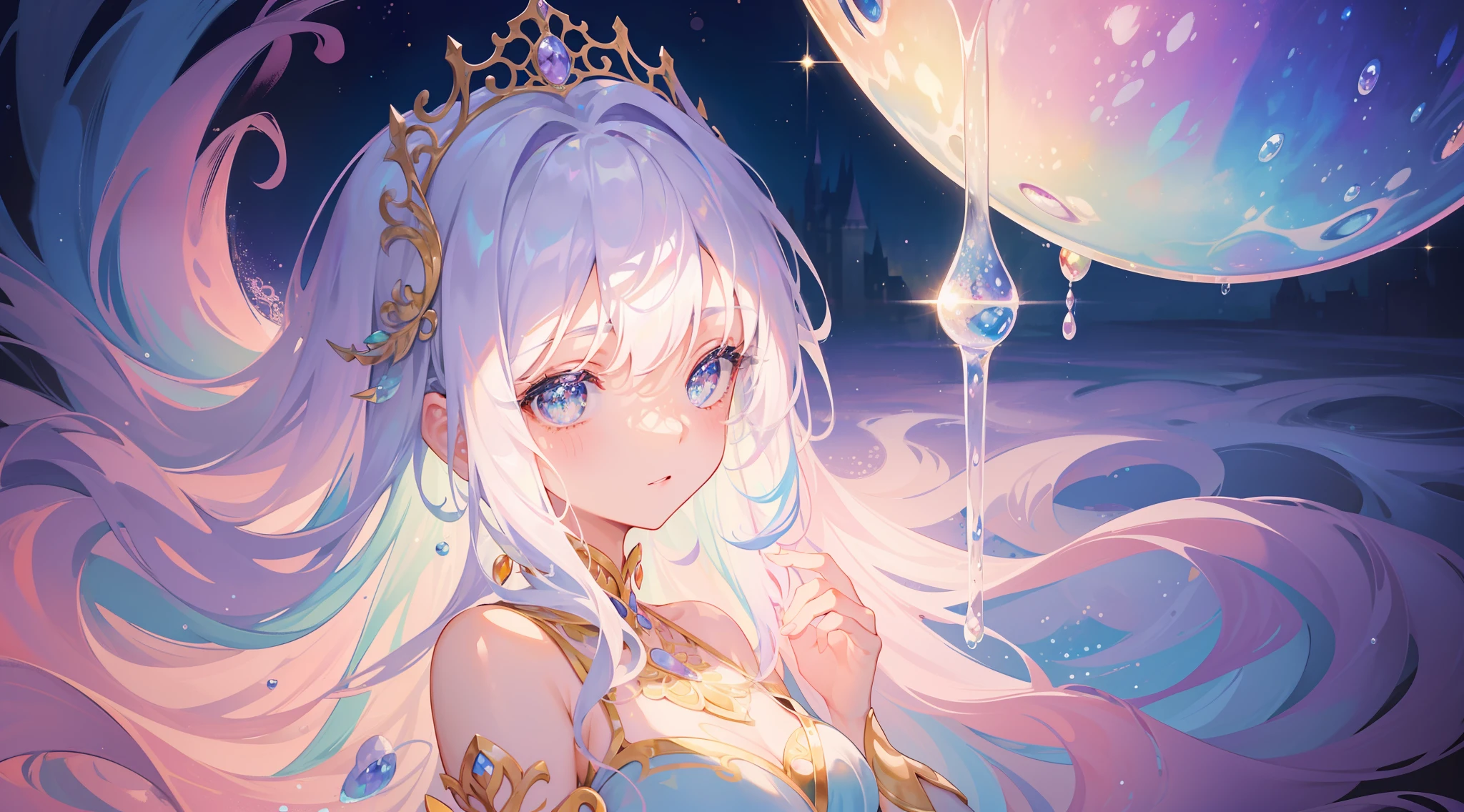masterpiece, best quality, 8k resolution, sharp focus, intricate detail, beautiful girl, sparkling eyes, golden ratio face, otherworldly liquid, watercolor, ((pastel colors)), bright colors, whimsical, colorful, sharp focus, high resolution, fine detail, princess fantasy ballgown, ((round eyes)), iridescent bubbles, castle landscape in background