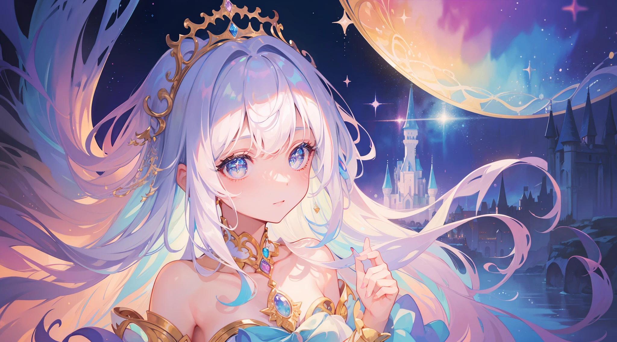 masterpiece, best quality, 8k resolution, sharp focus, intricate detail, beautiful girl, sparkling eyes, golden ratio face, otherworldly liquid, watercolor, ((pastel colors)), bright colors, whimsical, colorful, sharp focus, high resolution, fine detail, princess fantasy ballgown, ((round eyes)), iridescent bubbles, castle landscape in background