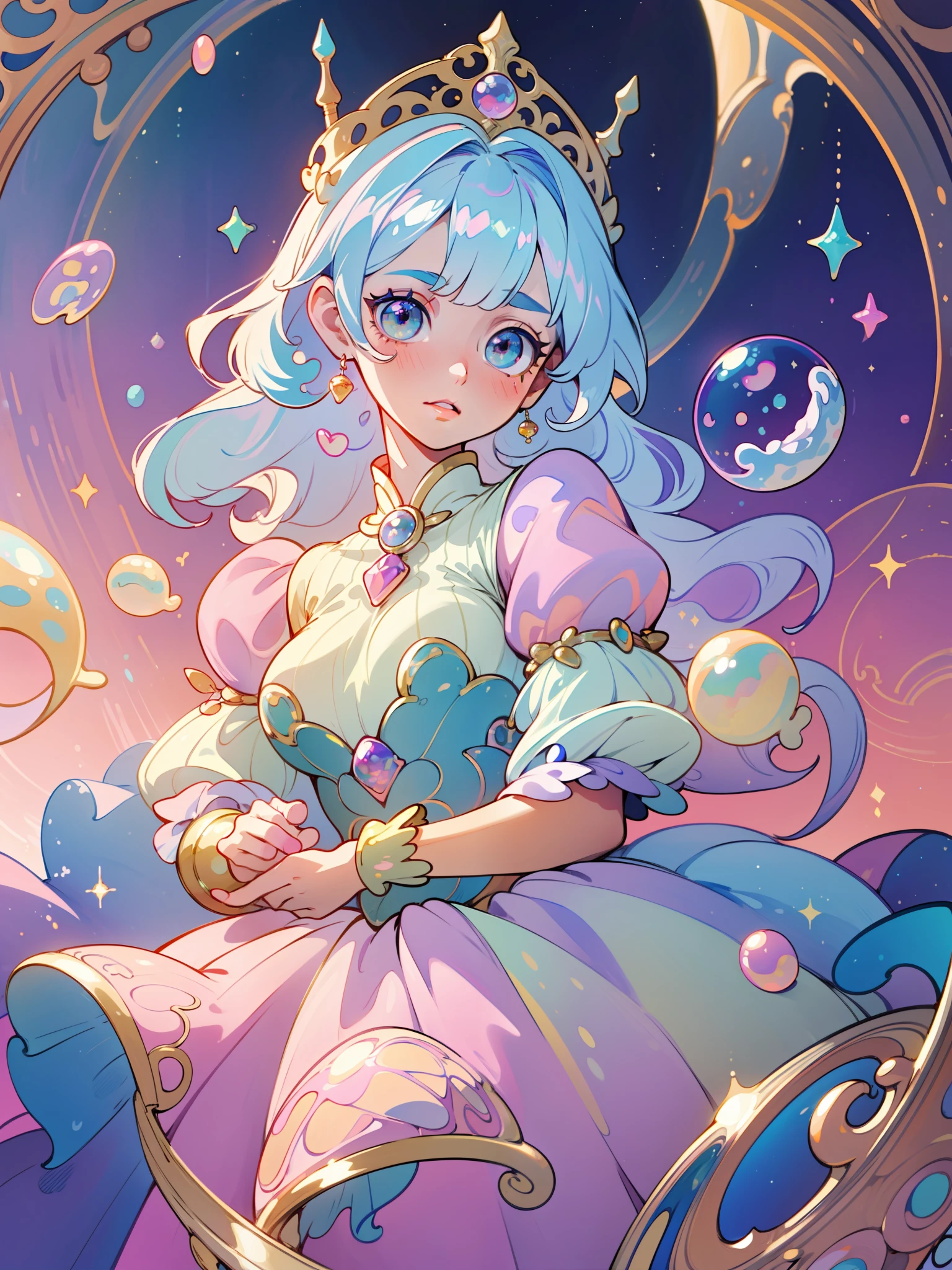 masterpiece, best quality, 8k resolution, sharp focus, intricate detail, beautiful girl, sparkling eyes, golden ratio face, otherworldly liquid, watercolor, ((pastel colors)), bright colors, whimsical, colorful, sharp focus, high resolution, fine detail, princess fantasy ballgown, ((round eyes)), iridescent bubbles, castle landscape in background