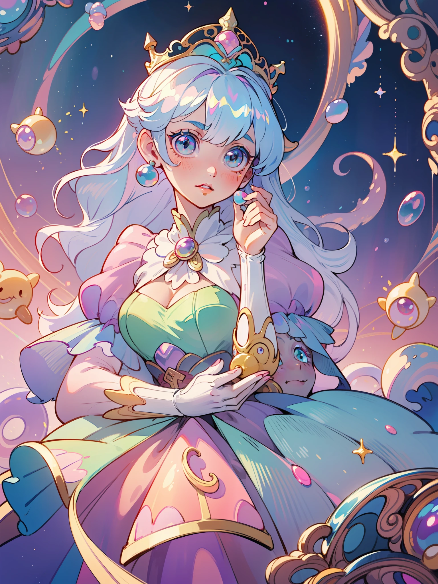 masterpiece, best quality, 8k resolution, sharp focus, intricate detail, beautiful girl, sparkling eyes, golden ratio face, otherworldly liquid, watercolor, ((pastel colors)), bright colors, whimsical, colorful, sharp focus, high resolution, fine detail, princess fantasy ballgown, ((round eyes)), iridescent bubbles, castle landscape in background