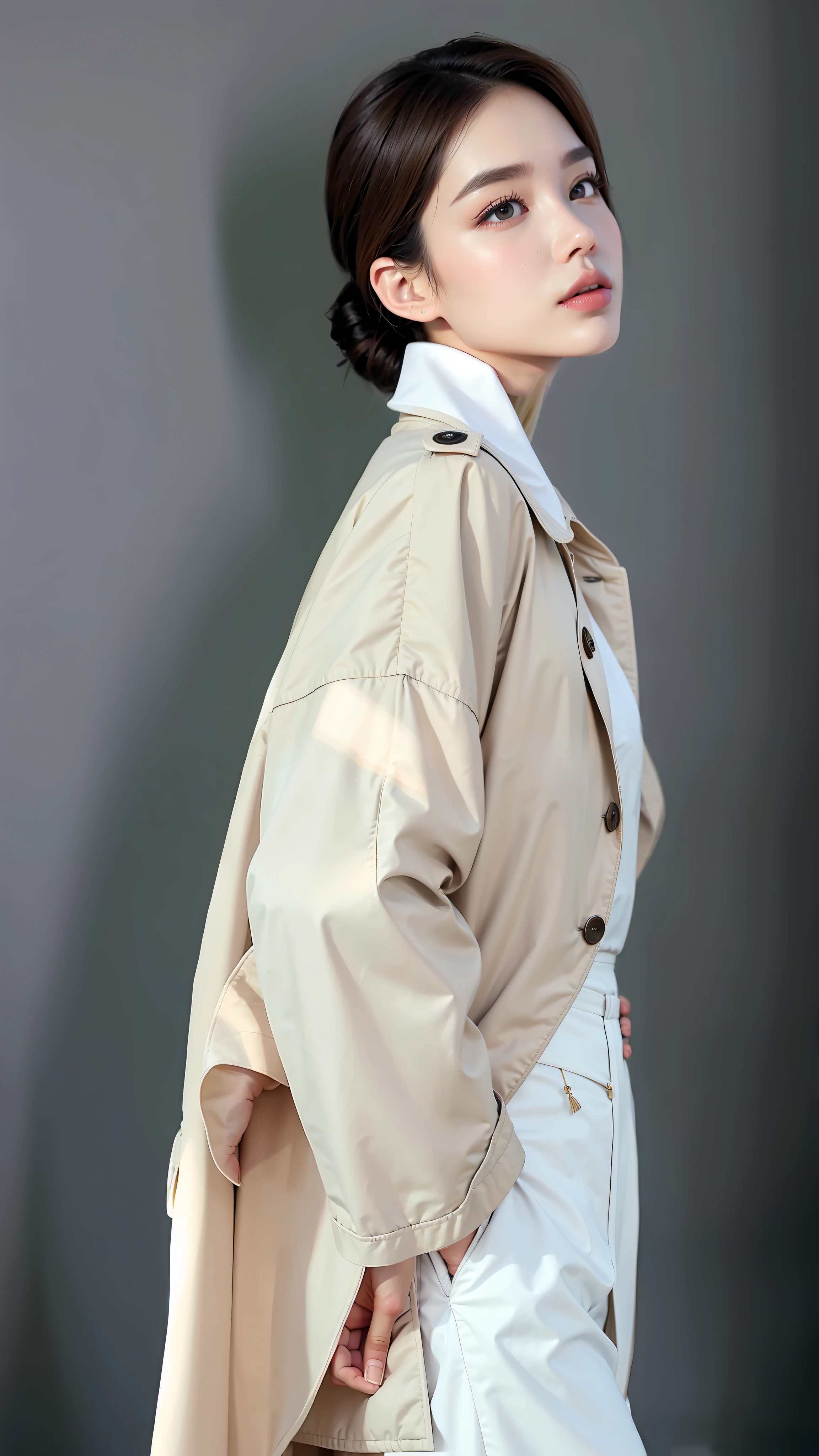 "Arad women elegantly wearing beige coats and white dresses pose for photos，Side silhouette，Modern profile photo，Shooting angle from the side，Stylish with a short jacket and cropped shirt，Paired with a Canon EOS 5D camera，Slouchy light brown trench coat，Open jacket，Chie Yoshii style cotton jacket，Presents a side perspective，Canon 80D camera shot together，The combination of a loose jacket collar and a sailor's uniform。"