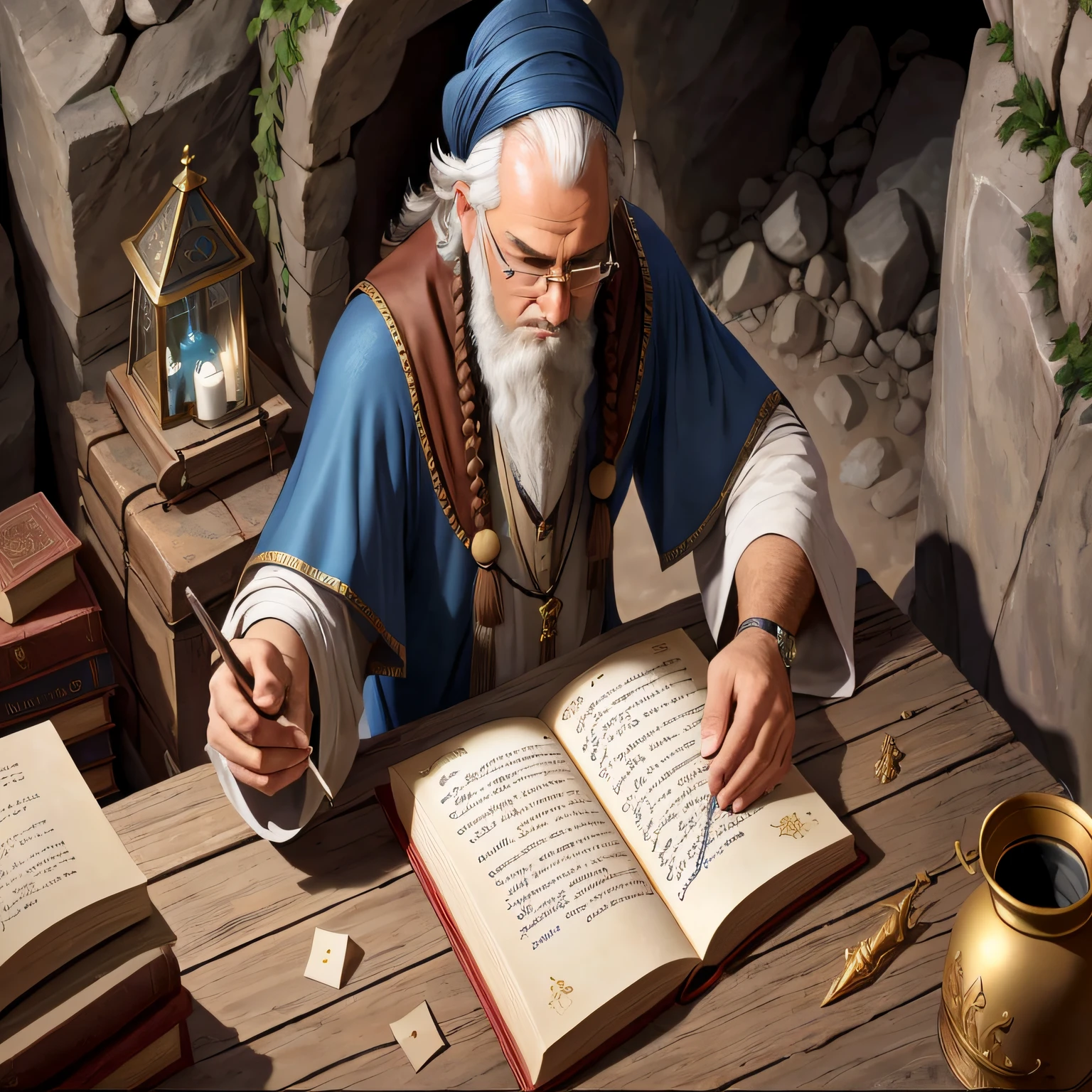There's a man who's writing a book on a table, fantasy RPG book illustration, assistente senta-se lendo em uma mesa, an arcane wizard casting a spell, arte do jogo de RPG, retrato do livro do RPG, picture of a male cleric, wizard reading a directory, Maya Ali como um D&d feiticeiro, Velho Archmage masculino, wizard casting a spell