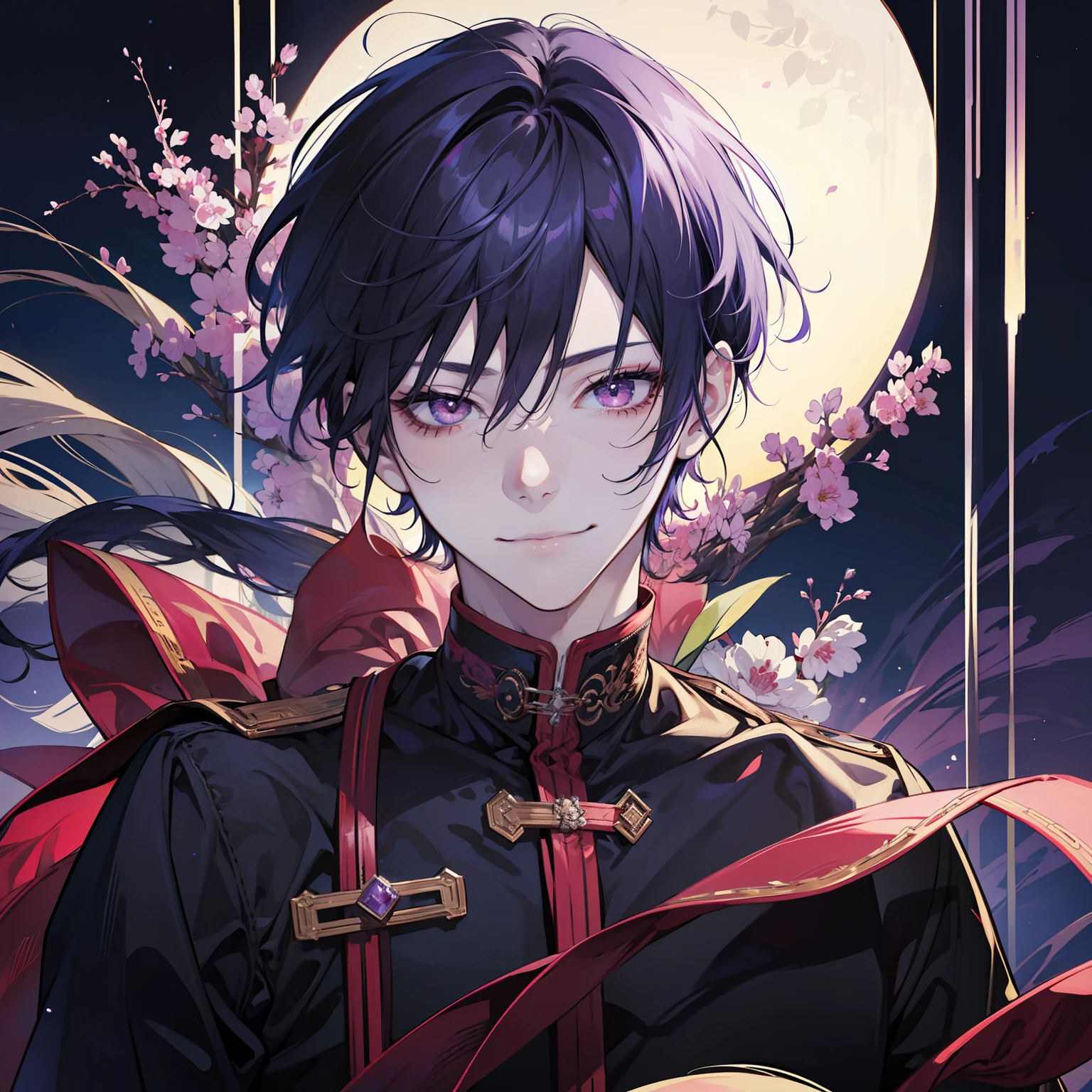 masutepiece,Best Quality,Solo Boy,Solo Man,Solo Boy,Solo Man,Middle Age,beautidful eyes,Seductive smile,Purple hair,Black Gradient Hair,Red Eyes,(Face shot:1.3),Detailed face,8K resolution,bed room,night