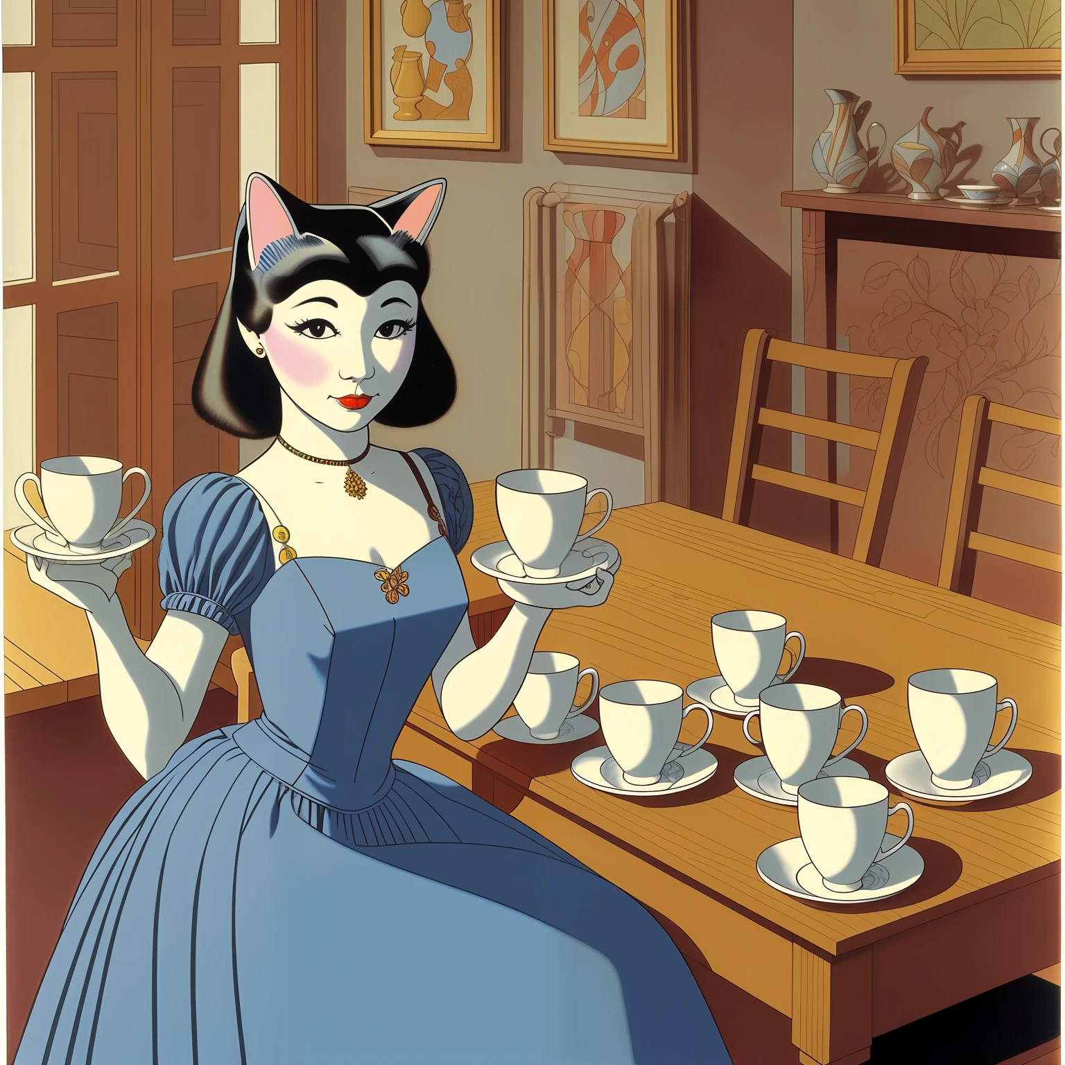 The humanoid cat juggles cups, porcelain cups, blue pattern on cups, a masterpiece, art by Al Hirschfeld