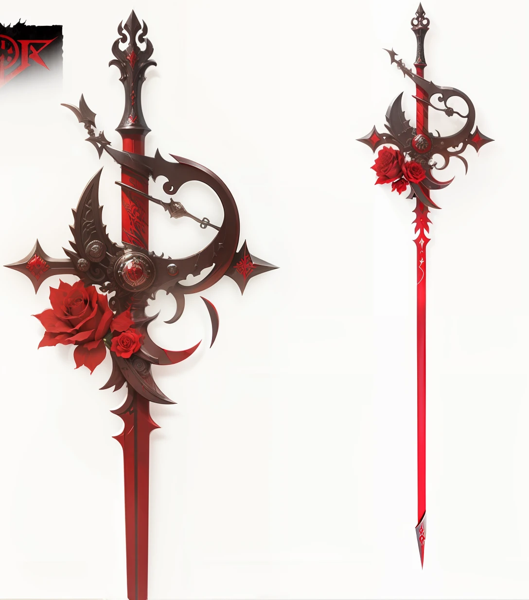 Espada Rapieira, Legendary RPG weapon: Sharp and Bloody Red Blade, with red roses and black demon handle Rune scriptures in bright red, detalhes dourados refinados em ultra qualidade, ultra steampunk mythological Russian steampunk style ultra stylish and HD