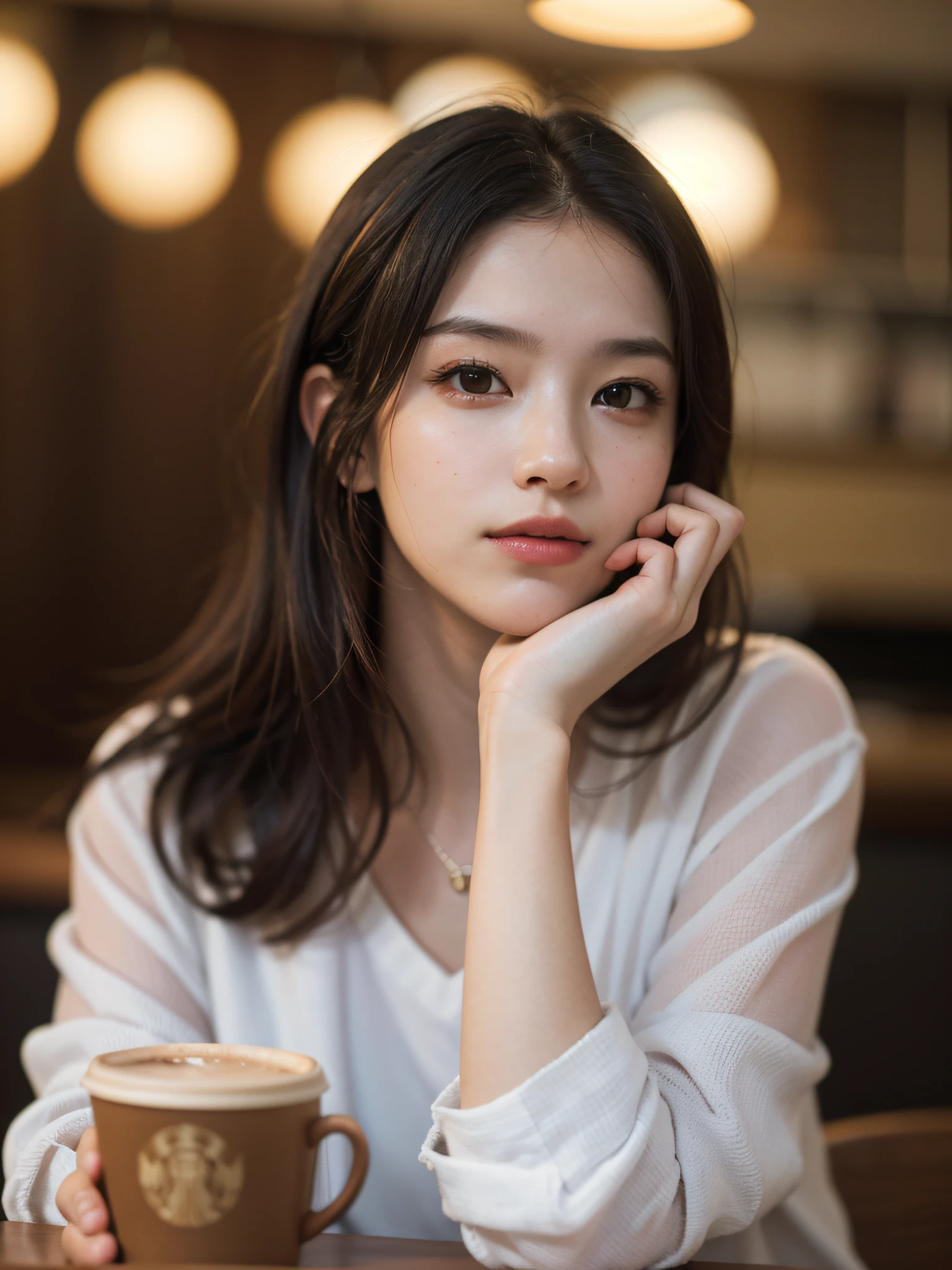 (best quality, masterpiece, ultra high res, raw:1.2) ,(photorealistic:1.4), ( zoom out, deep shadow, warm light , Film grain),1 girl, relax mood, coffee shop