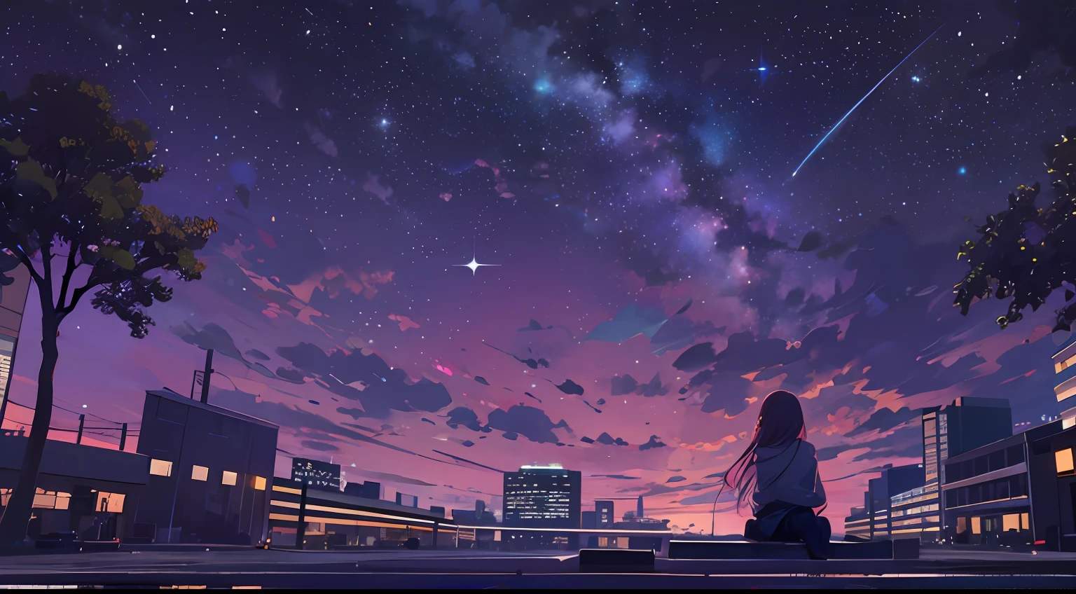 octans, sky, star (sky), scenery, starry sky, night, 1girl, night sky, solo, outdoors, building, cloud, milky way, sitting, tree, long hair, city, silhouette, cityscape