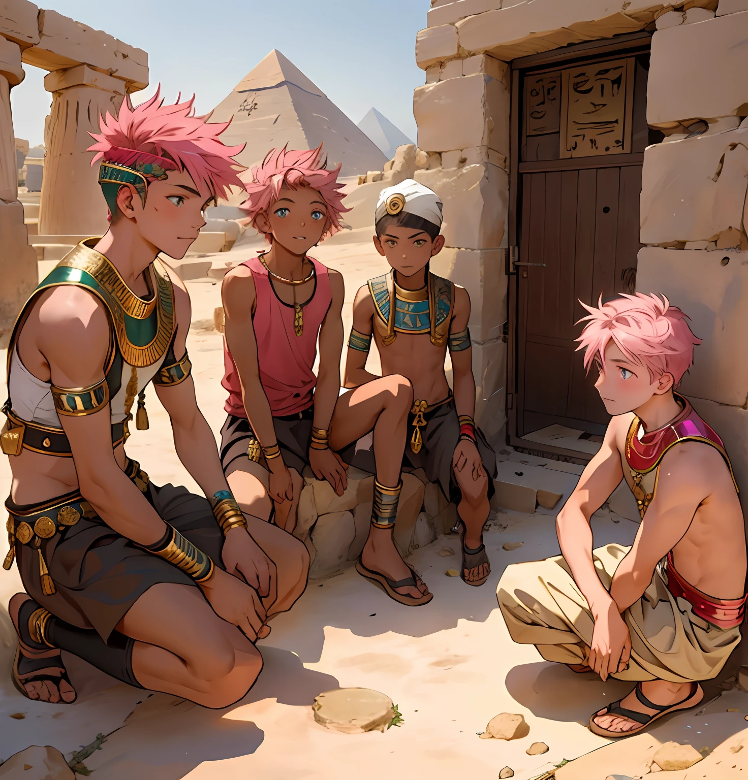 Several boys in a fist in Egypt A 15-year-old boy with pink hair is a man who has honey-colored eyes at the bottom of ancient Egypt you can see the pyramids