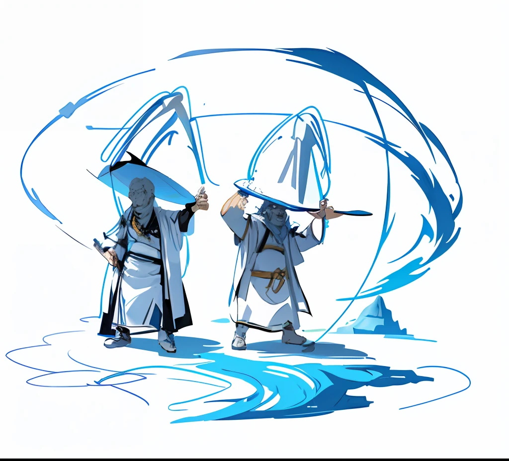 Two hatted gods hold sketches of a large mountain, mages, Line sketch, Line sketch!!, concept-art!!, concept art of a monk, [ conceptual art ]!!, ink outline, heavy lineart, heavy outline, intense line art, t-pose of wizard, Rough sketch, concept art sketch, concept sketches, Simple lines of art, medium shot of two characters