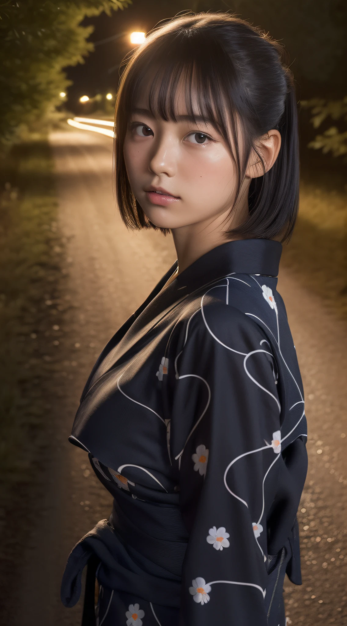 ((Night road in the countryside:1.5))、((Young woman in yukata:1.3))、(masterpiece、top-quality) 、Soft lighting、absolutely outstanding image, very extremely beautiful、masterpiece, top-quality,Photos, kawaii、(Colossal tits:1.2)、20 year old girl、(The skin is reddened:1.3)、Young adorable Japan face, dewy skin, close up of face, Young Face, soft portrait shot 8 k, If々Shishi Japan girl realistic young idol、Young cute gravure idol、Young Sensual Gravure Idol、Young gravure idols、model in Japan