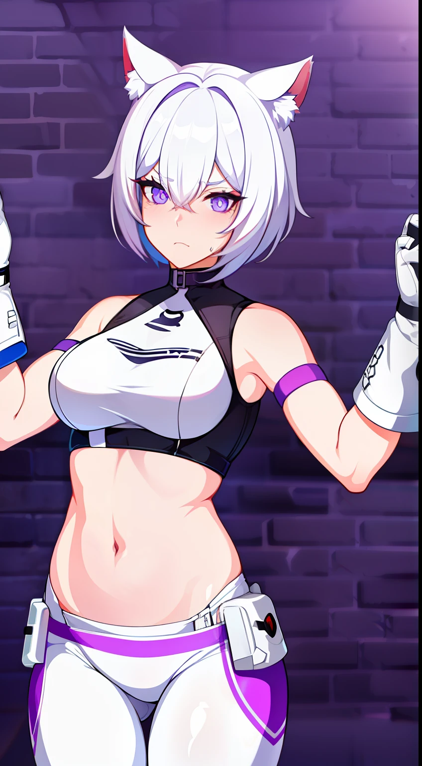 Adult woman, short white hair, cat ears, violet eyes, White superhero uniform, Sleeveless, open belly, t shirt, breeches, claws, anger, Masterpiece, hiquality